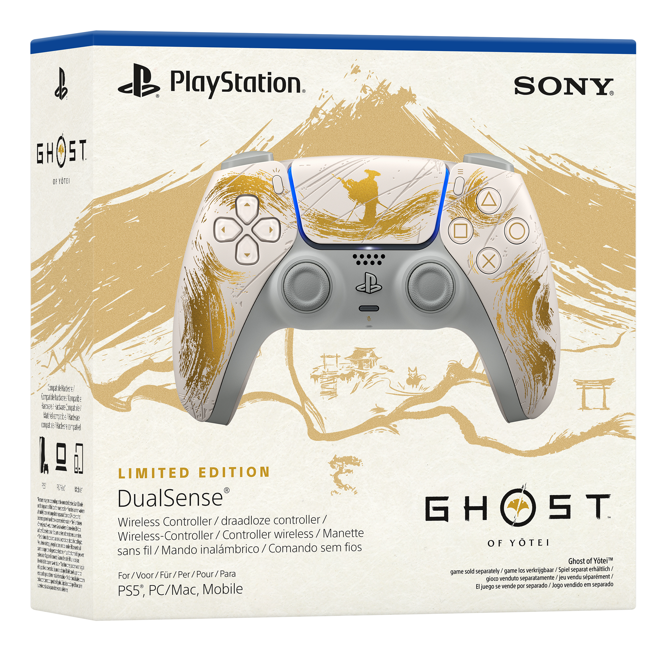 Ghost of Yotei Limited Edition DualSense Controller-Verpackung mit Goldtinte-Kunst.