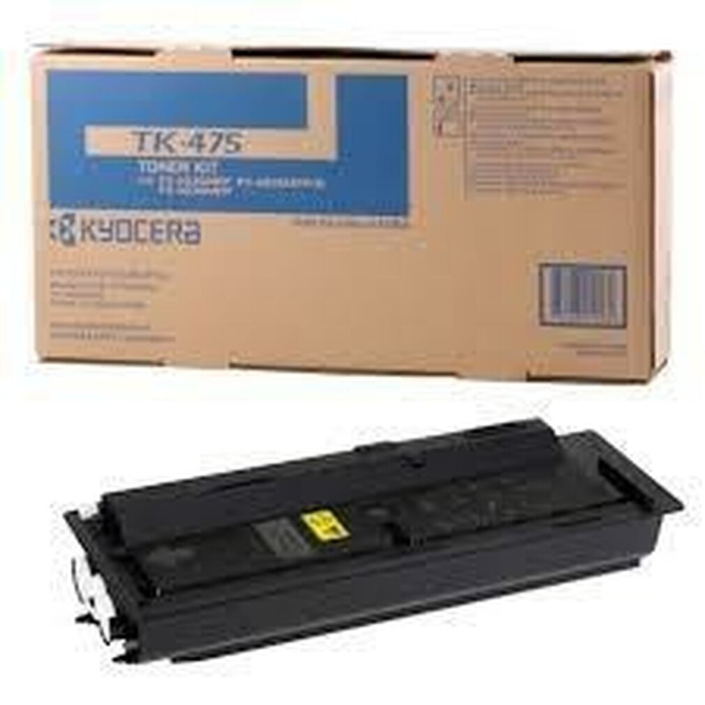 Kyocera TK-475 toner kit doos boven een zwarte tonercartridge.
