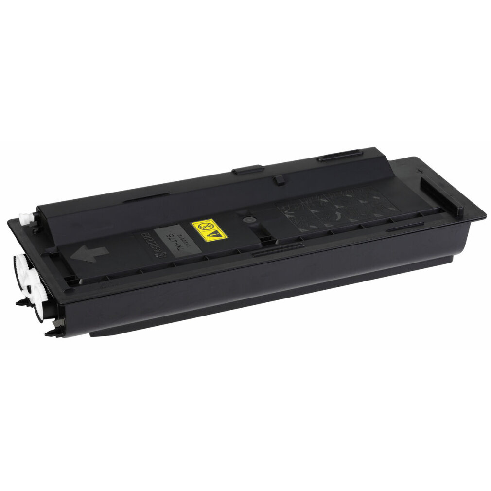 Een zwarte tonercartridge met een geel waarschuwingslabel en witte rollers aan de linkerkant.