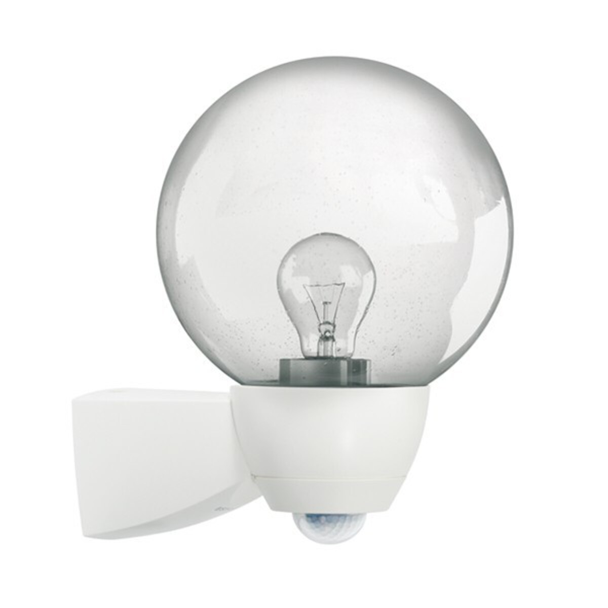 Lampada da esterno bianca con globo sferico trasparente e lampadina visibile. Dotata di sensore di movimento.