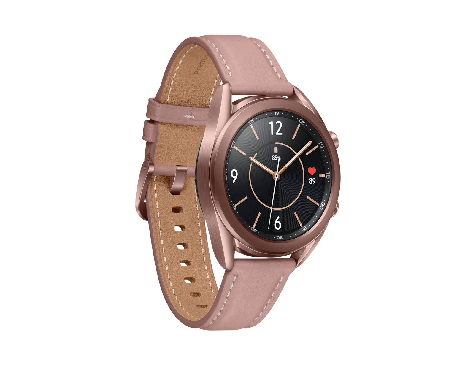Roségoldene Smartwatch mit pinkfarbenem Lederarmband. Schwarzes Zifferblatt zeigt Uhrzeit & Herzfrequenz.