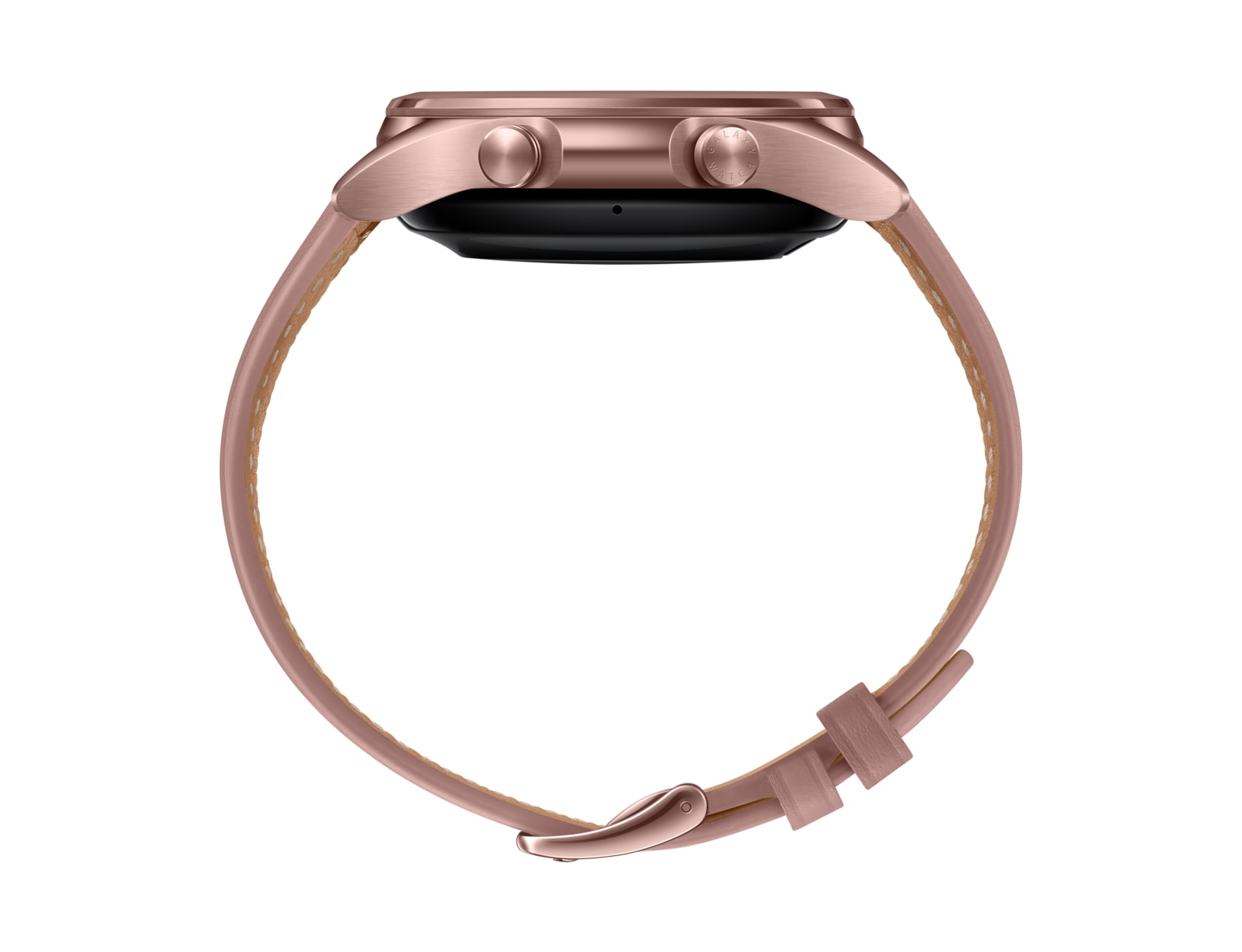 Roségoldene Smartwatch mit pinkfarbenem Lederarmband und zwei Seitentasten auf weißem Grund.