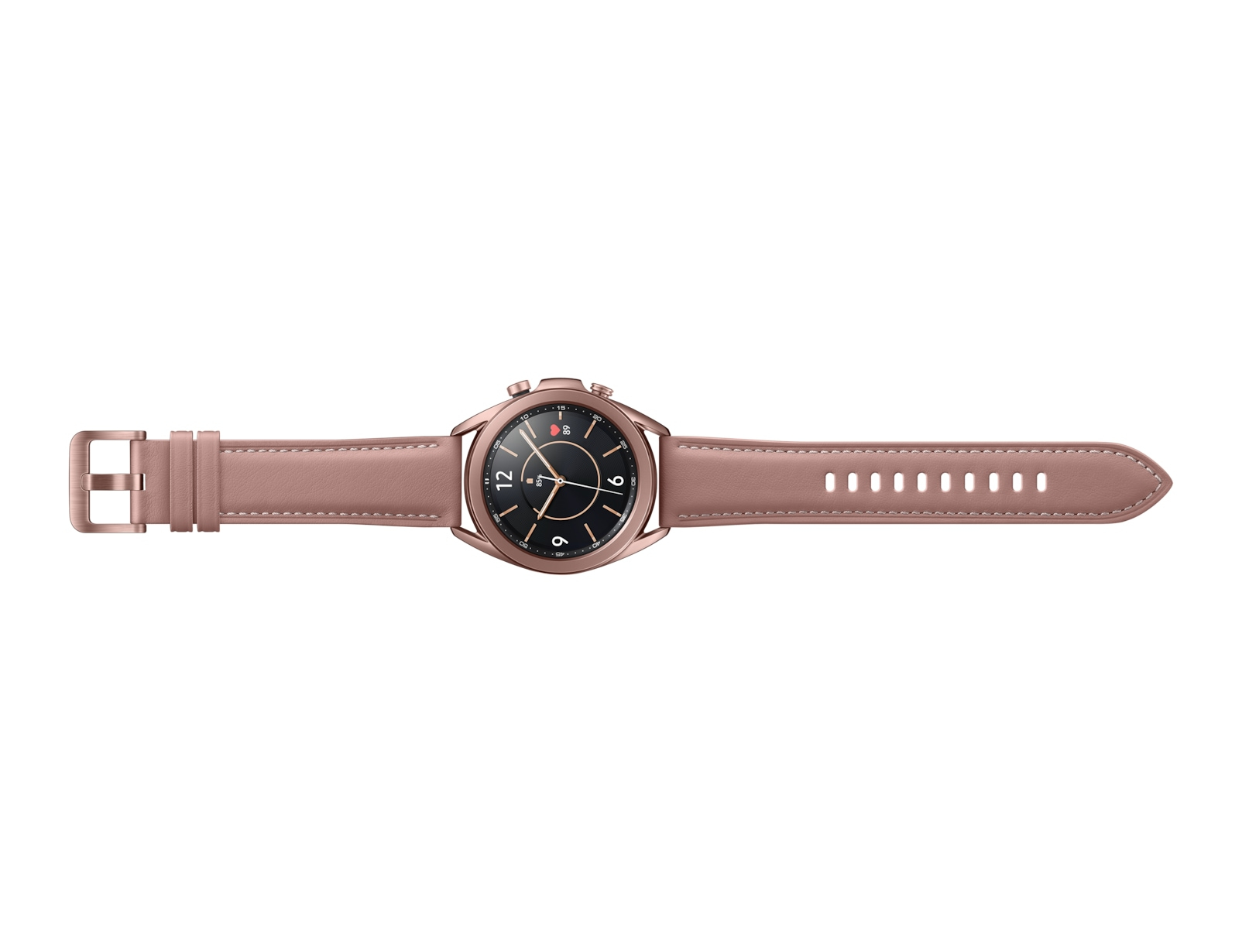 Eine roségoldene Smartwatch mit rosafarbenem Lederarmband und schwarzem Zifferblatt.