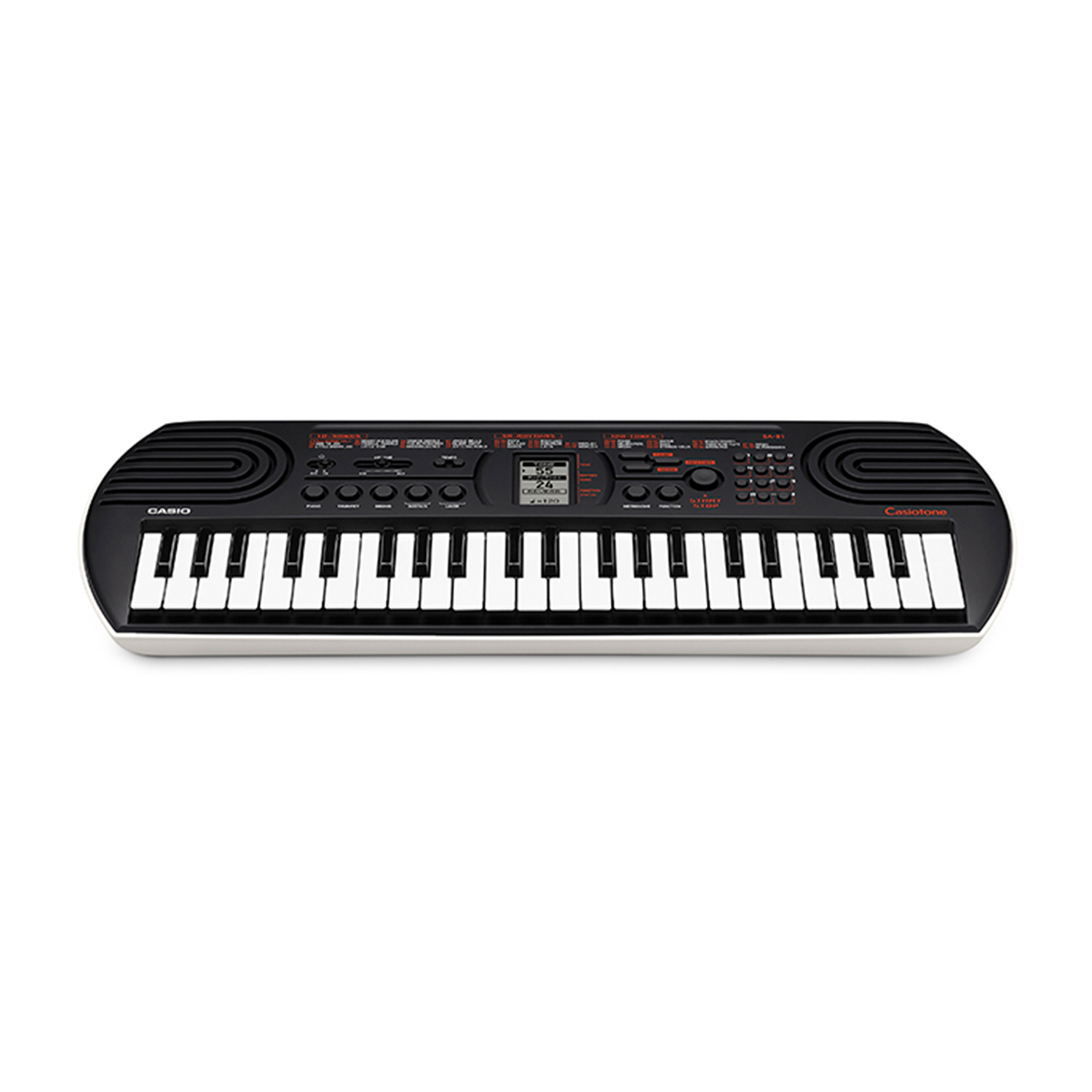 Czarna keyboard Casio z białymi klawiszami i małym ekranem.