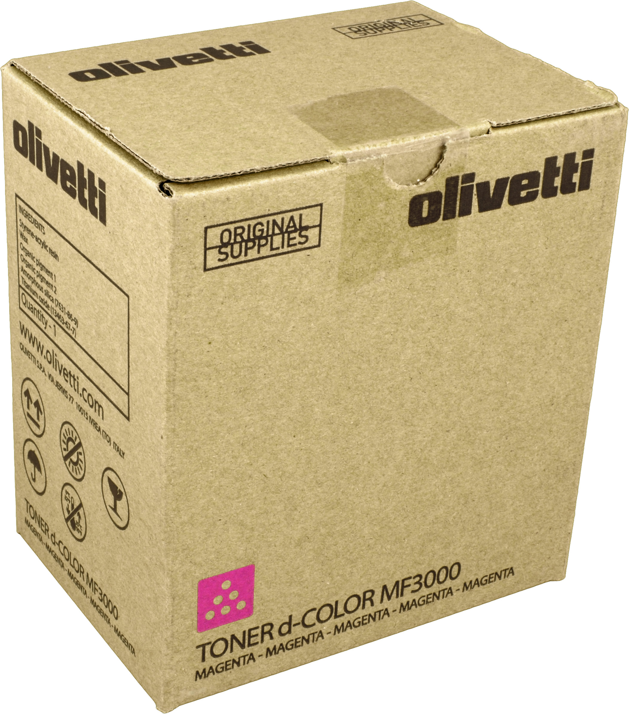 Scatola di cartone con marchio Olivetti per toner Magenta, modello MF3000.
