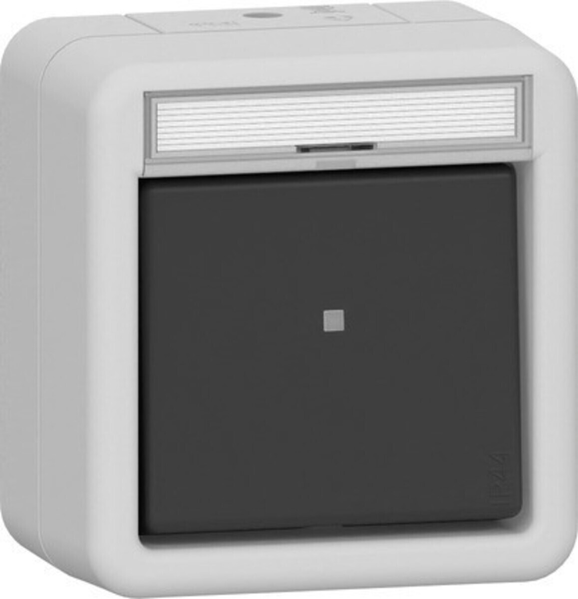 Interruttore esterno quadrato bianco con pulsante grigio scuro e piccolo indicatore.
