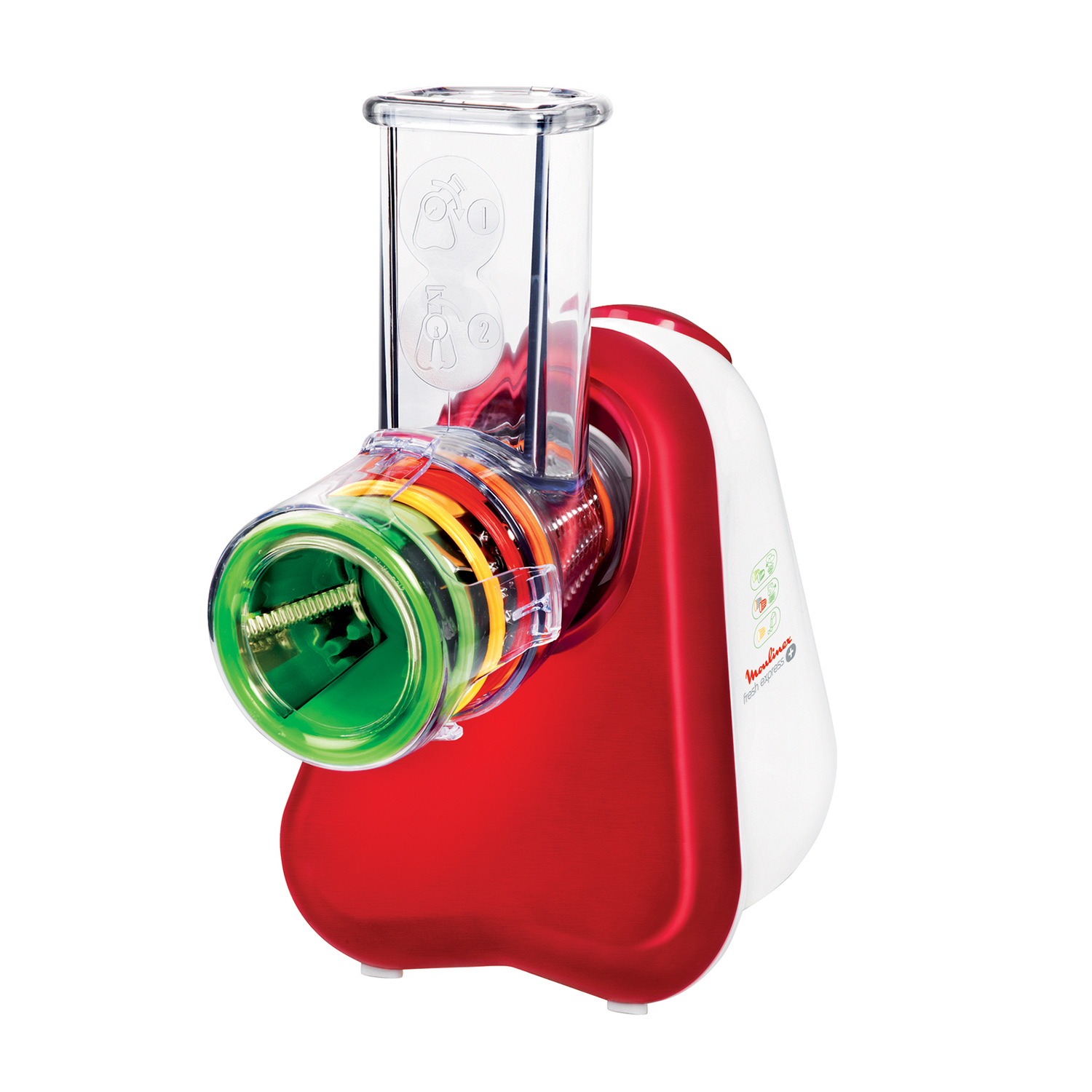 Robot da cucina Moulinex Fresh Express rosso e bianco con accessori trasparenti colorati.