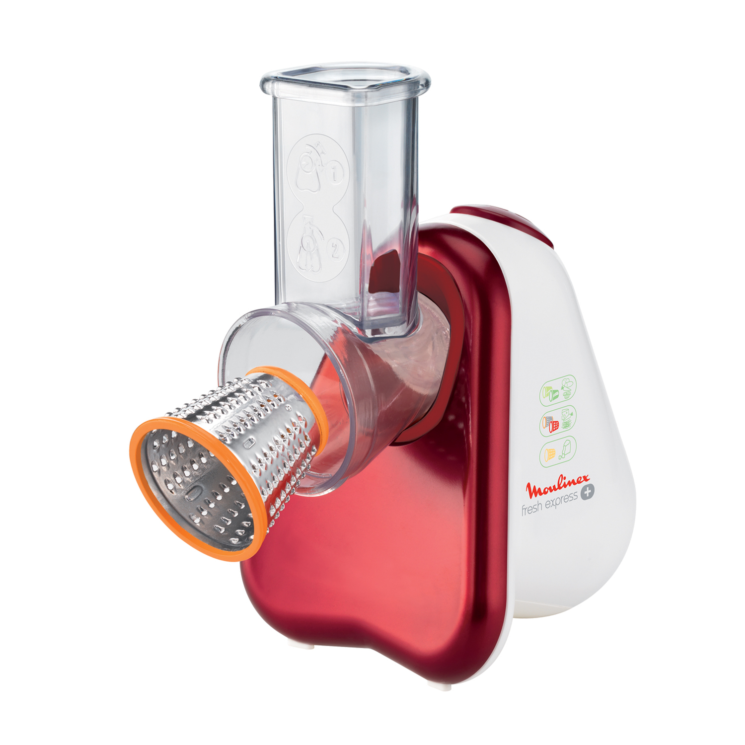 Un robot da cucina Moulinex Fresh Express rosso e bianco con accessorio grattugia.