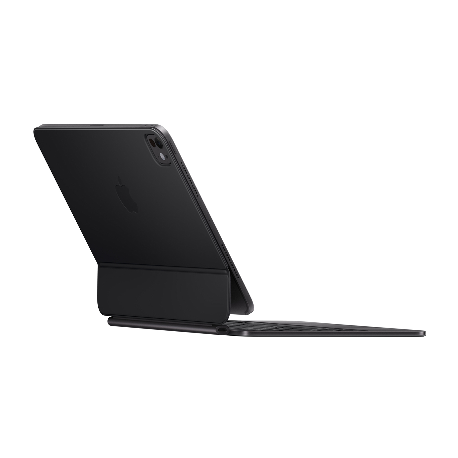 Czarny iPad z Magic Keyboard w widoku poziomym na białym tle.