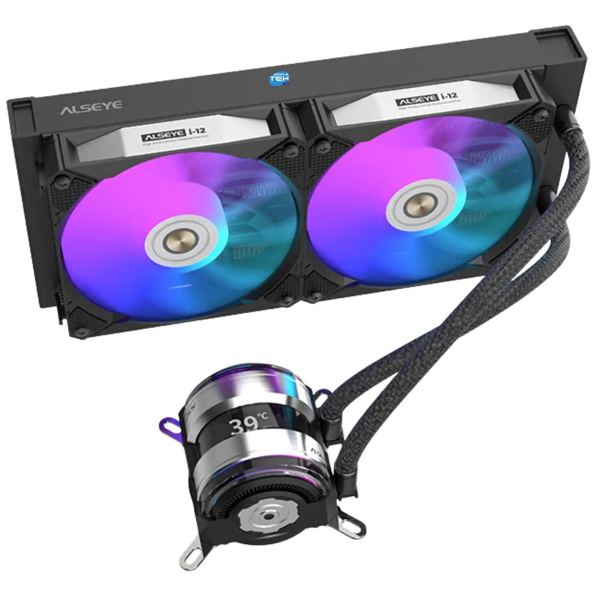 Un dissipatore CPU nero con due ventole RGB e un display della temperatura di 39°C.