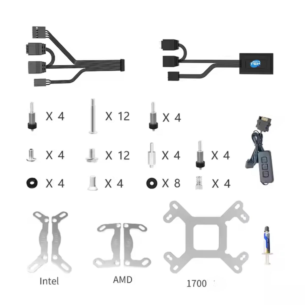 Accessori di raffreddamento per computer: staffe, viti, cavi e pasta termica.