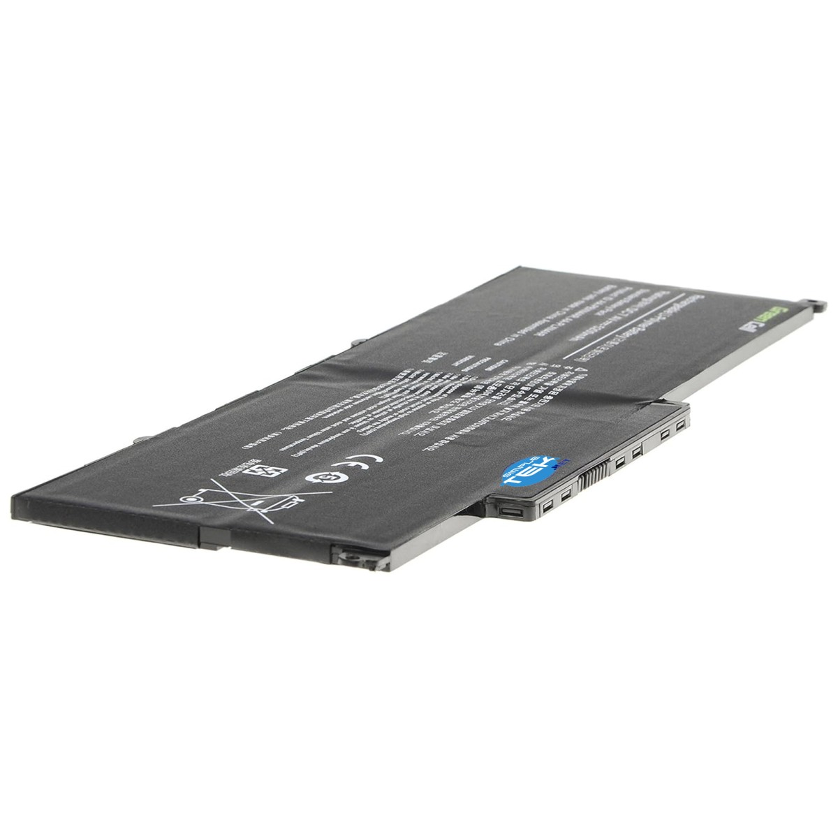 Batteria nera per laptop con connettori argentati su sfondo bianco. Testo e simboli visibili.