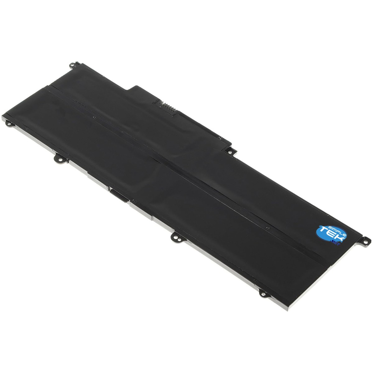 Una batteria nera per laptop con un logo blu e bianco sul lato destro.