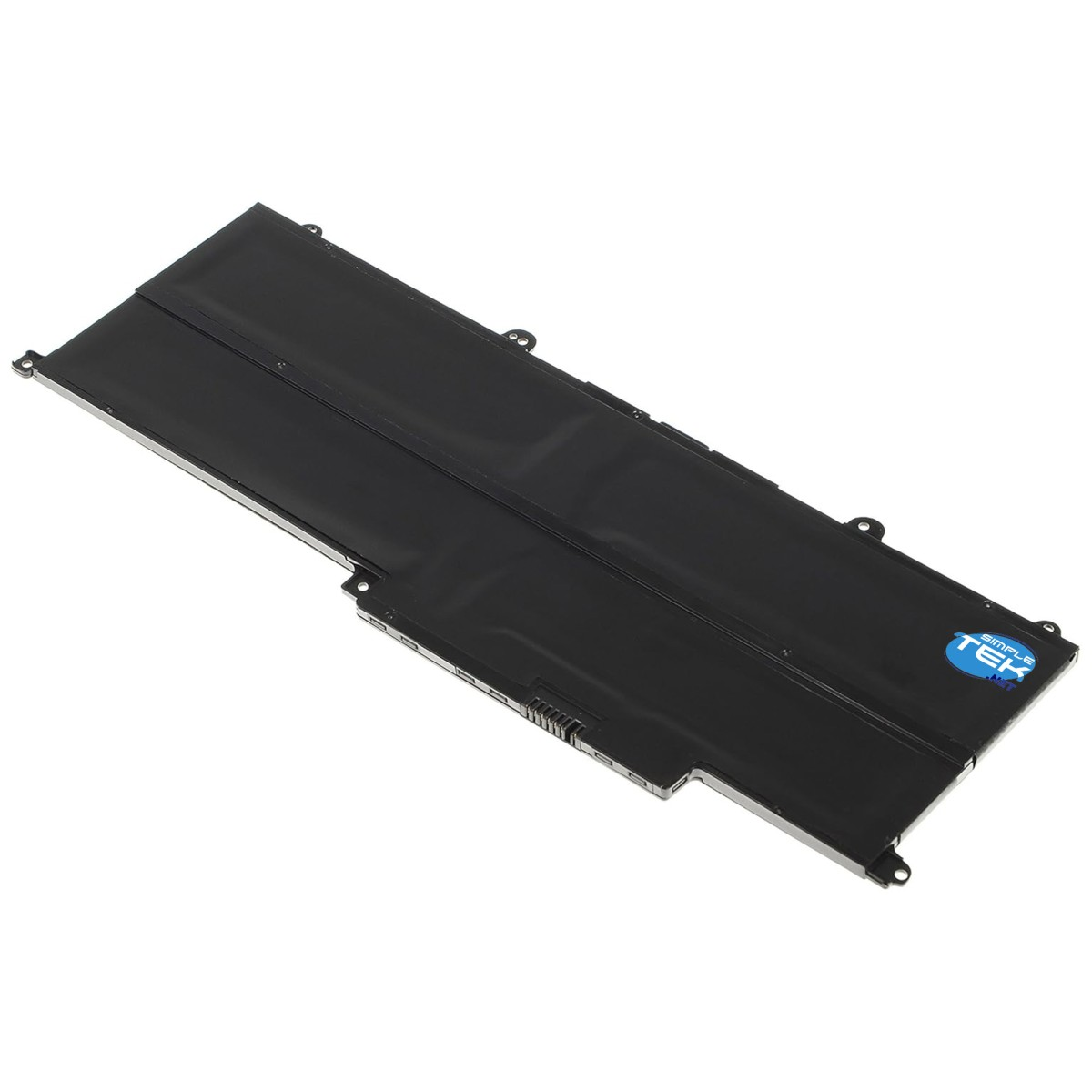 Una batteria nera per laptop con logo Simple Tek blu e bianco.