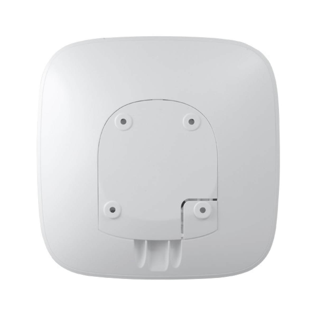 Dispositivo quadrato bianco con supporti circolari rialzati e fori per viti sul retro.