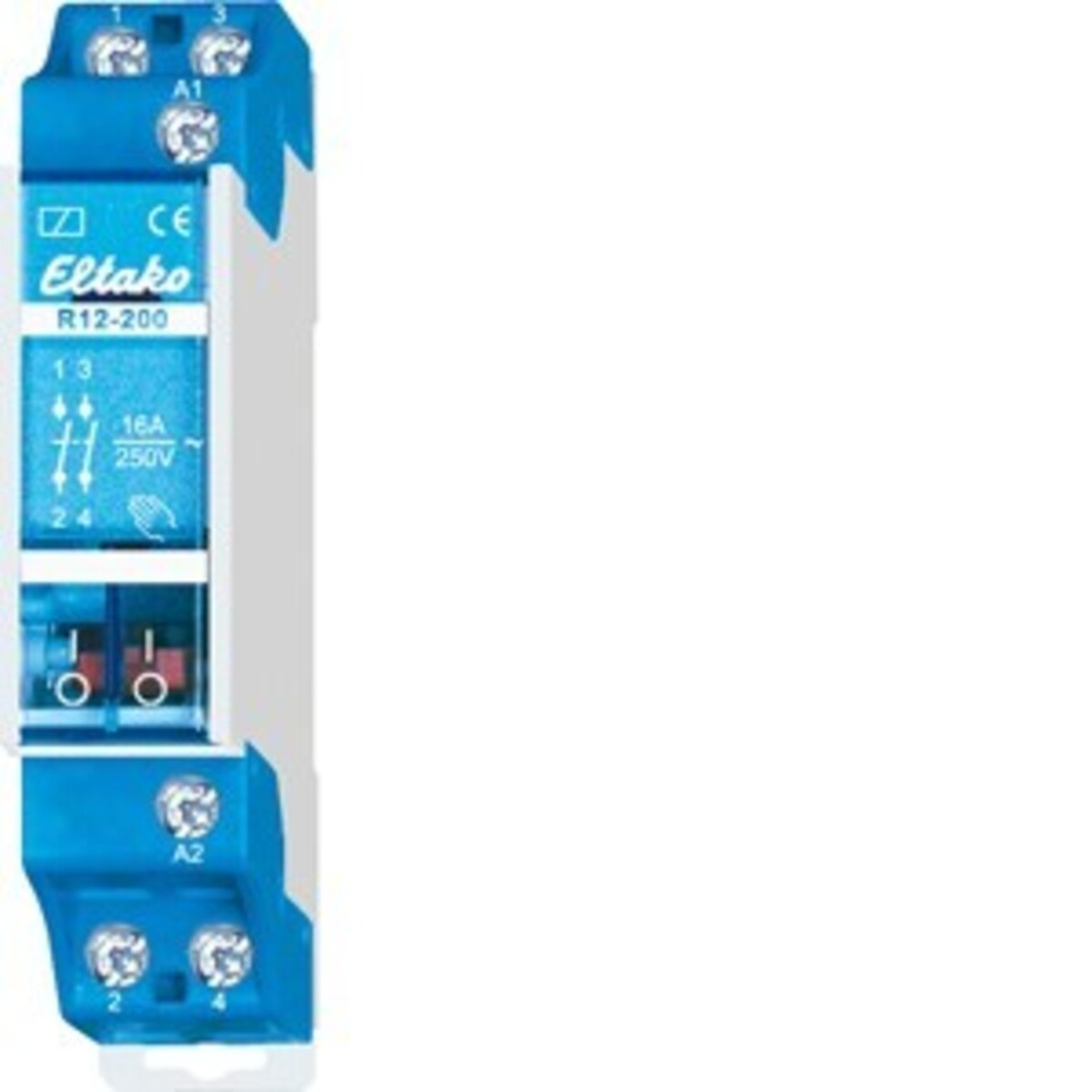 Dispositivo Eltako R12-200 blu con due interruttori rossi e morsetti a vite.