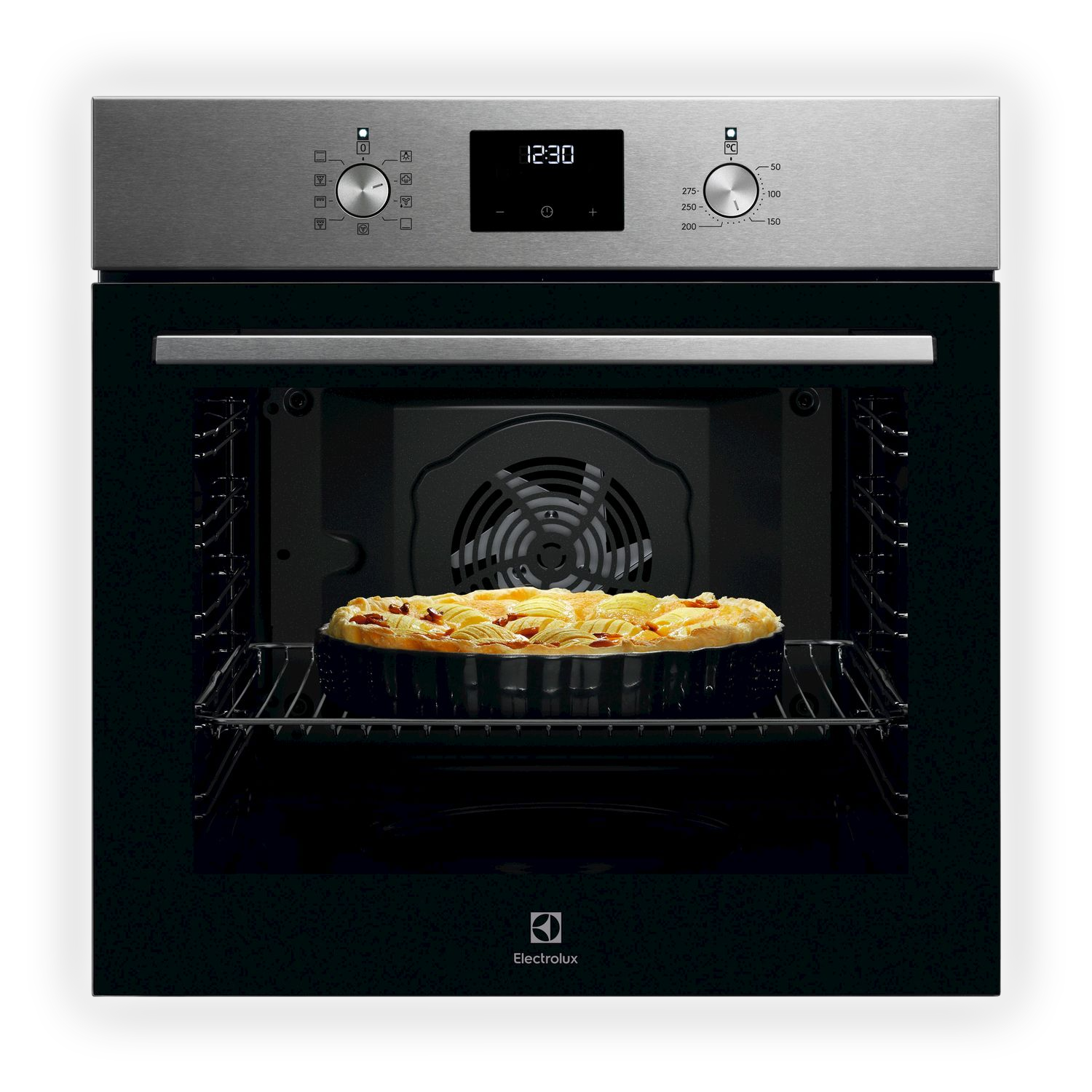 Un forno aperto con una torta dorata su una griglia, che mostra le 12:30 sul suo schermo digitale.