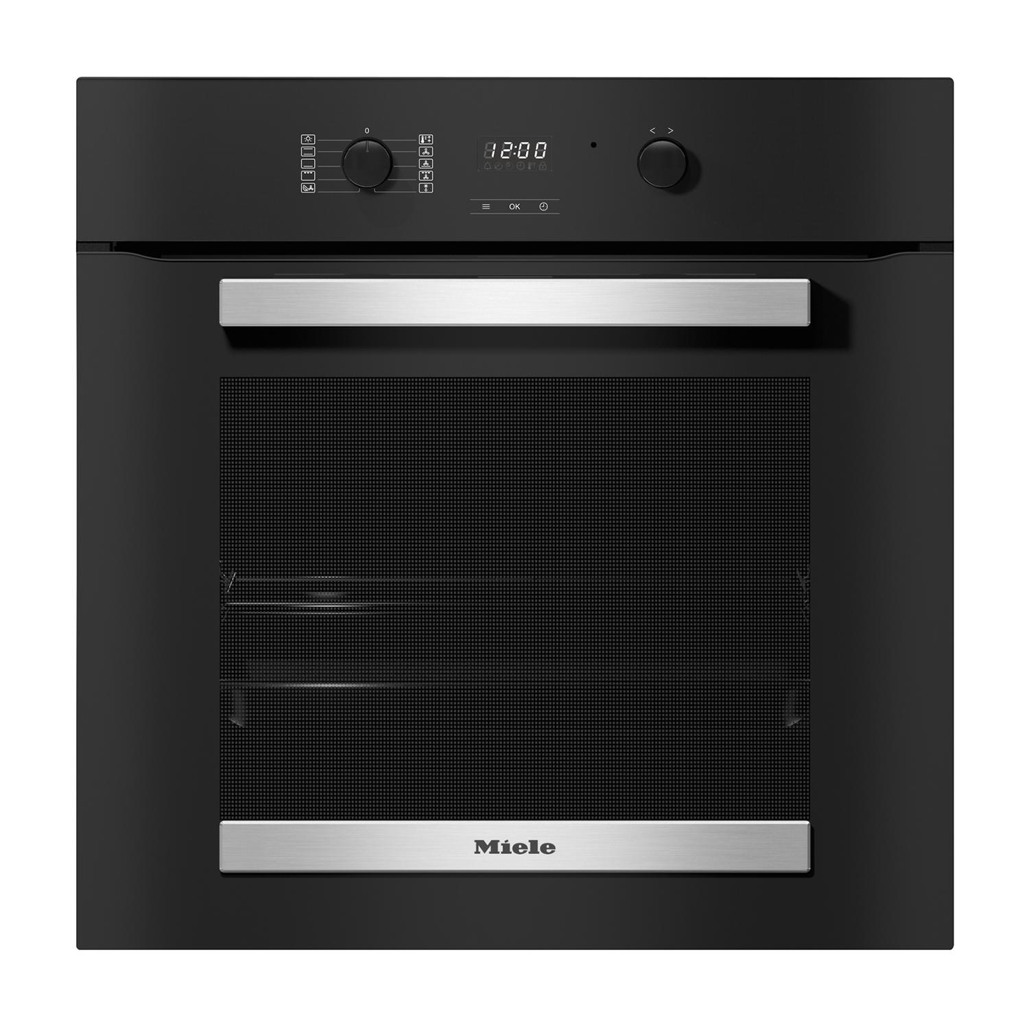 Moderno forno Miele nero con display digitale, manopola e maniglia in acciaio inossidabile.