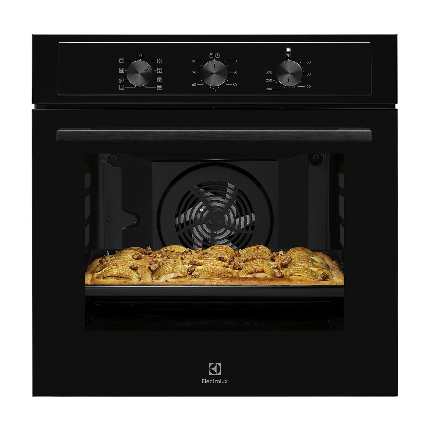 Un forno Electrolux nero con una torta in cottura all'interno. Il forno ha manopole di controllo.