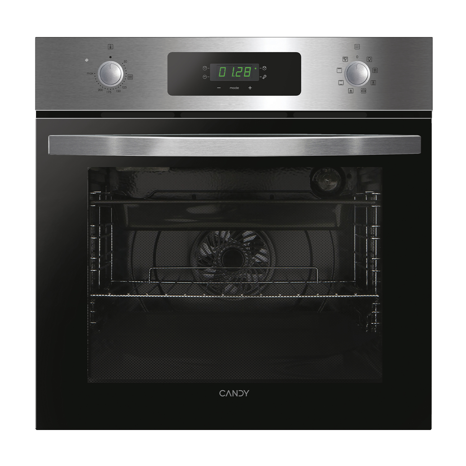 Un forno Candy in acciaio inox con porta in vetro nero e display digitale che mostra 1:28.