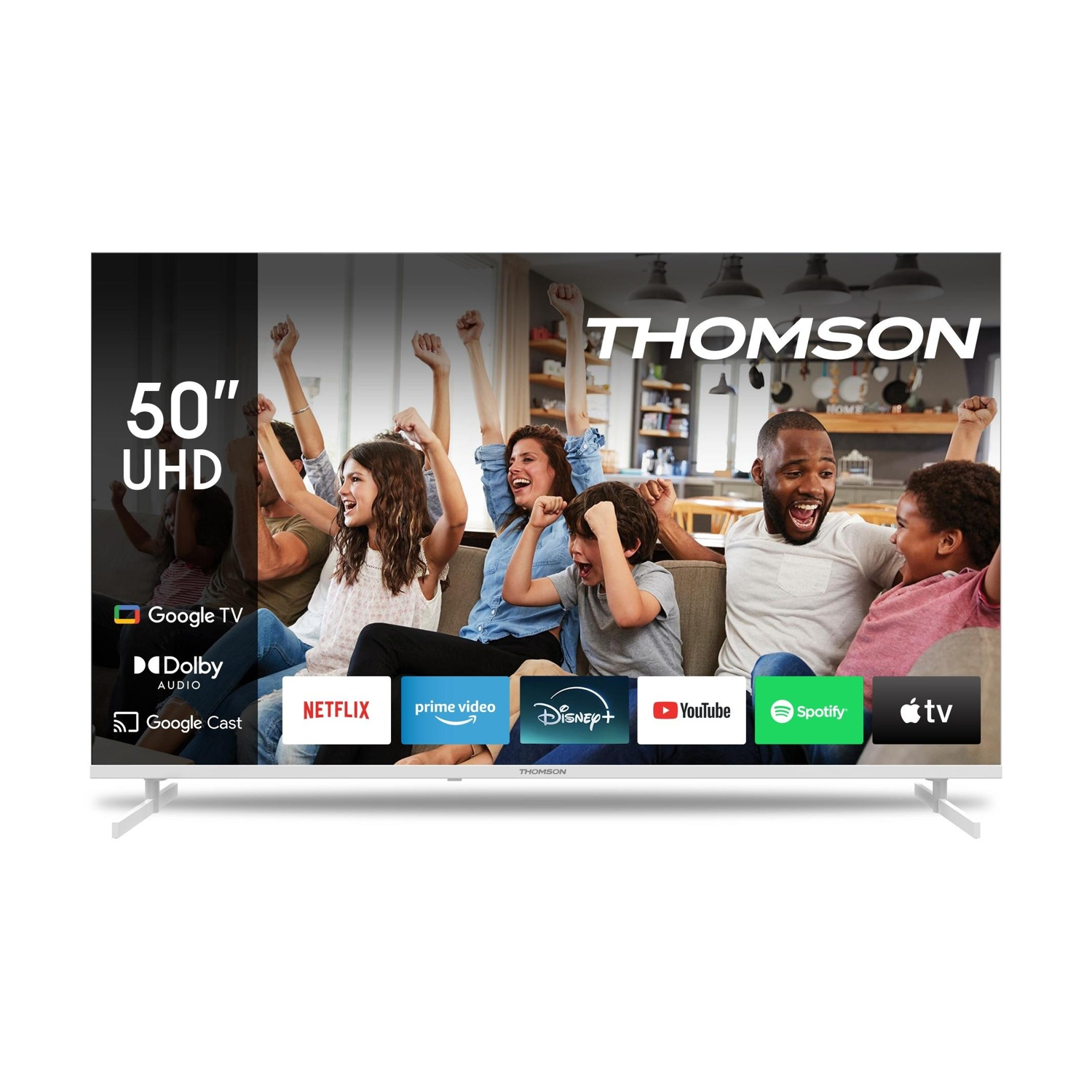 TV Thomson 50" UHD mostra persone felici, Google TV, Dolby Audio, Google Cast e icone app.