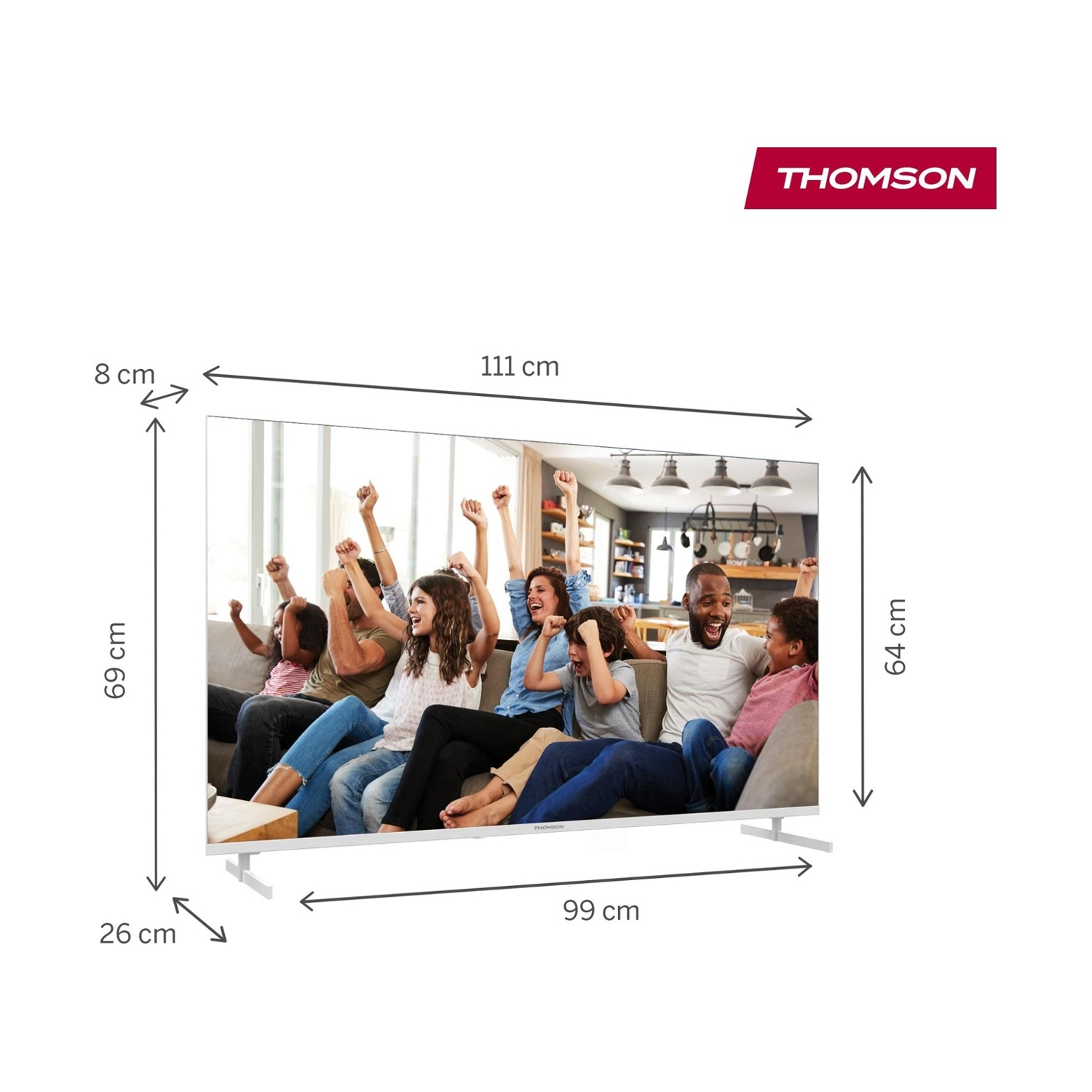 TV Thomson con famiglia. Dimensioni: 111cm larghezza, 69cm altezza, 26cm profondità.