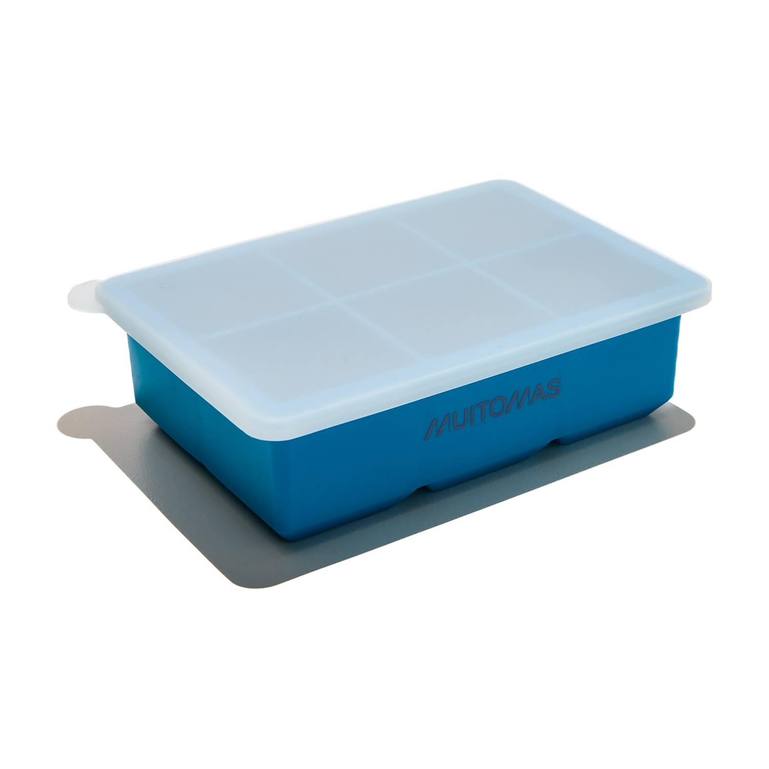 Una vaschetta per cubetti di ghiaccio blu con coperchio traslucido poggia su una superficie grigia.