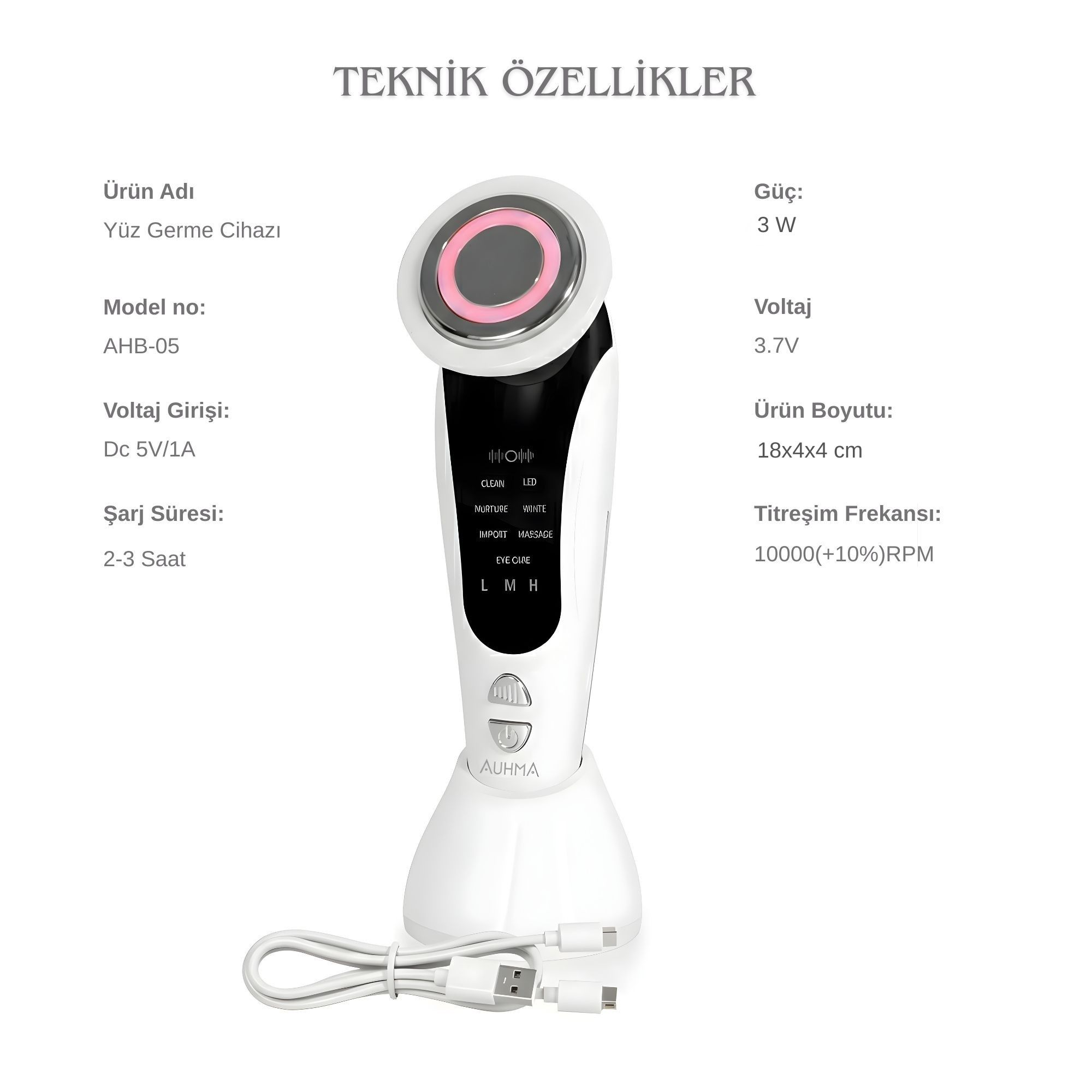 Pembe vurgulu, şarj portlu beyaz yüz bakım cihazı.