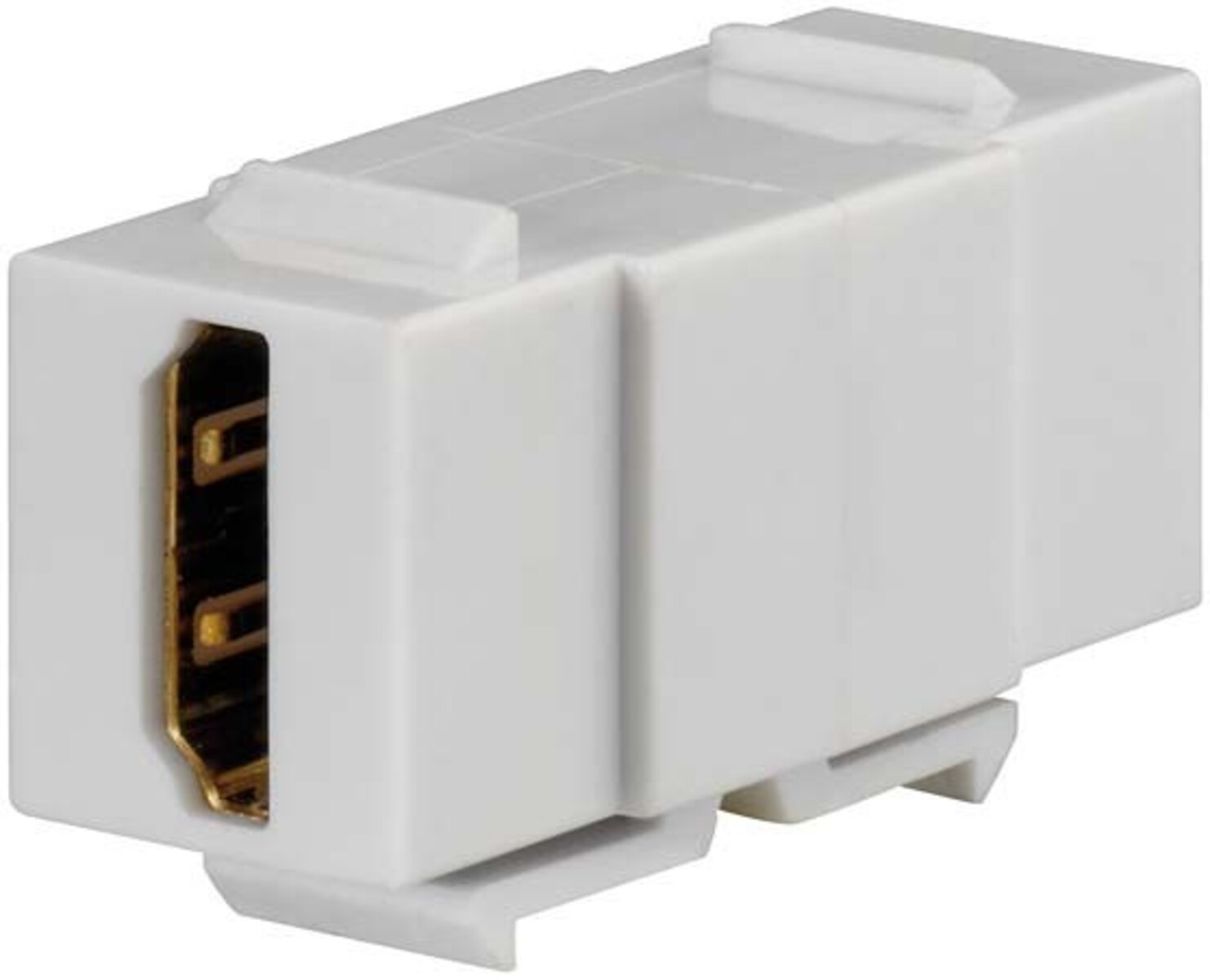 Un accoppiatore HDMI bianco con connettori dorati visibili su un'estremità.