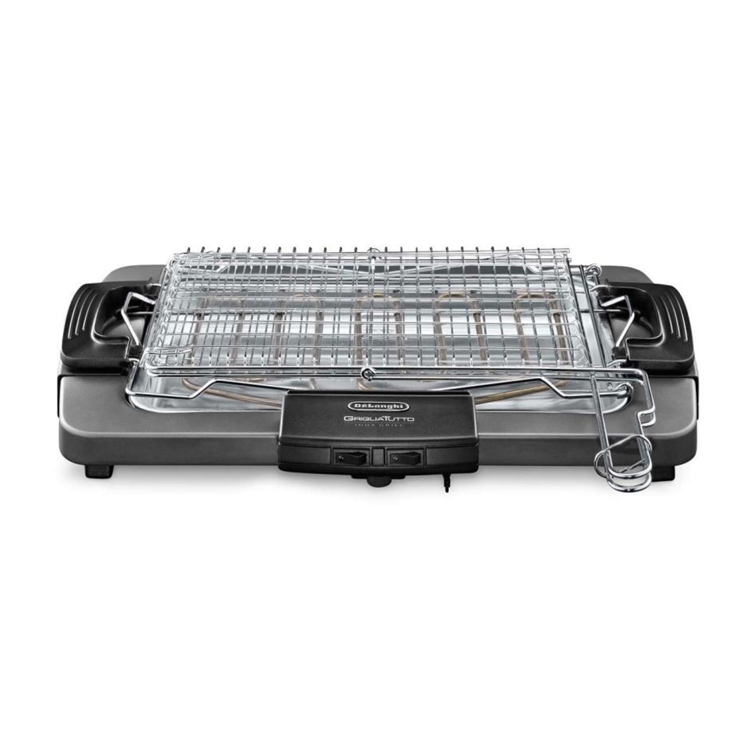 Pokazany jest szary grill elektryczny z chromowanym rusztem i czarnymi uchwytami.