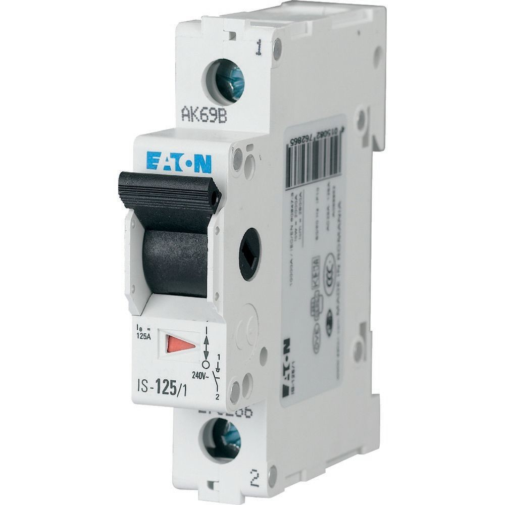Un interruttore automatico Eaton IS-125/1 bianco con interruttore nero e indicatore rosso.