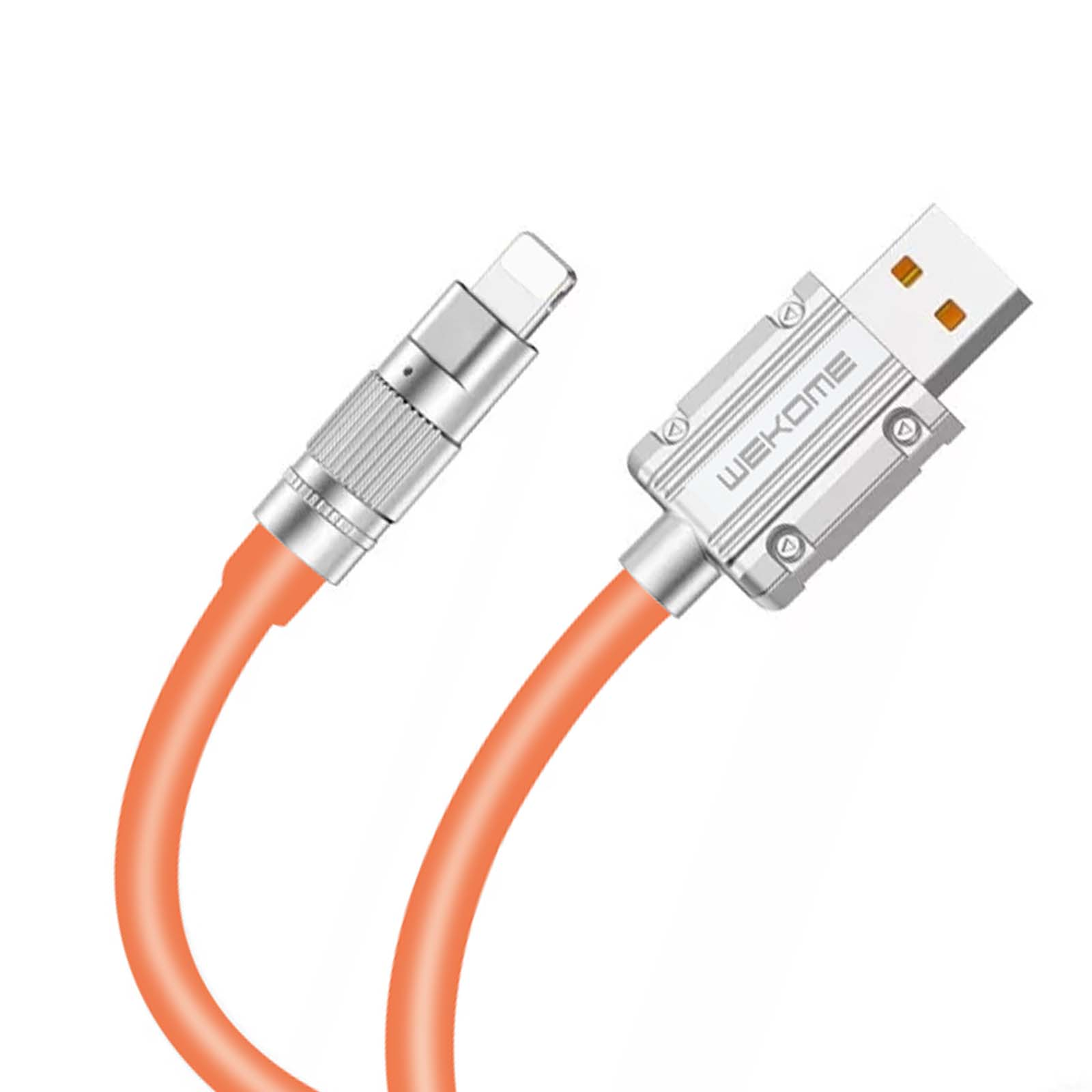 Un cavo di ricarica arancione con connettori argentati, uno USB-A e uno Lightning.