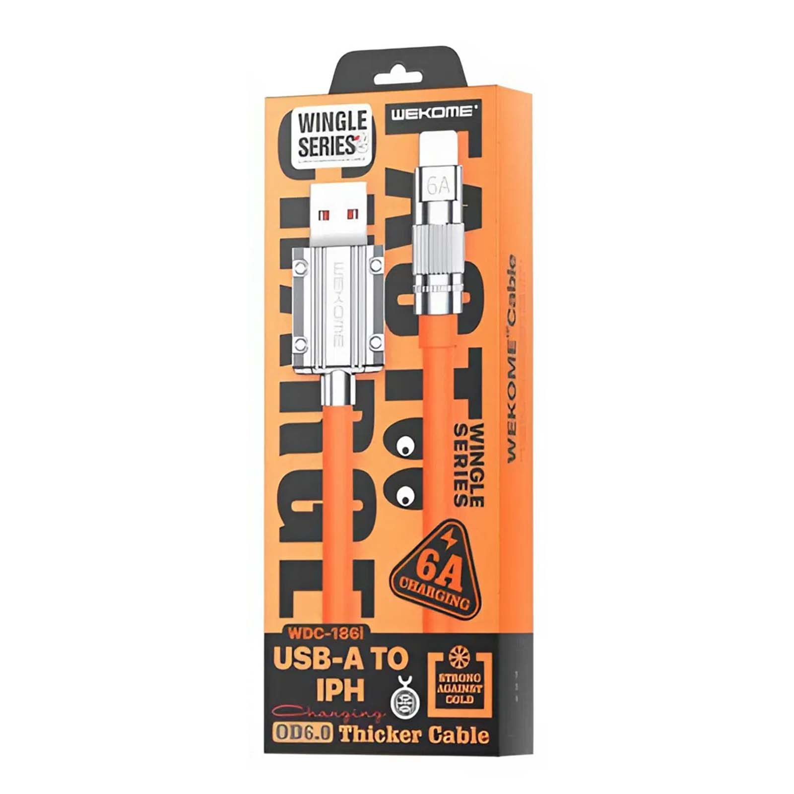 Confezione arancione per cavo WEKOME Wingle Series da USB-A a IPH, ricarica 6A.
