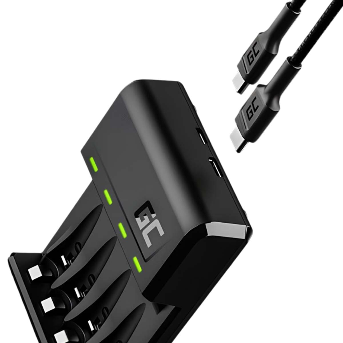 Caricabatterie nero con spie verdi e due cavi USB-C.