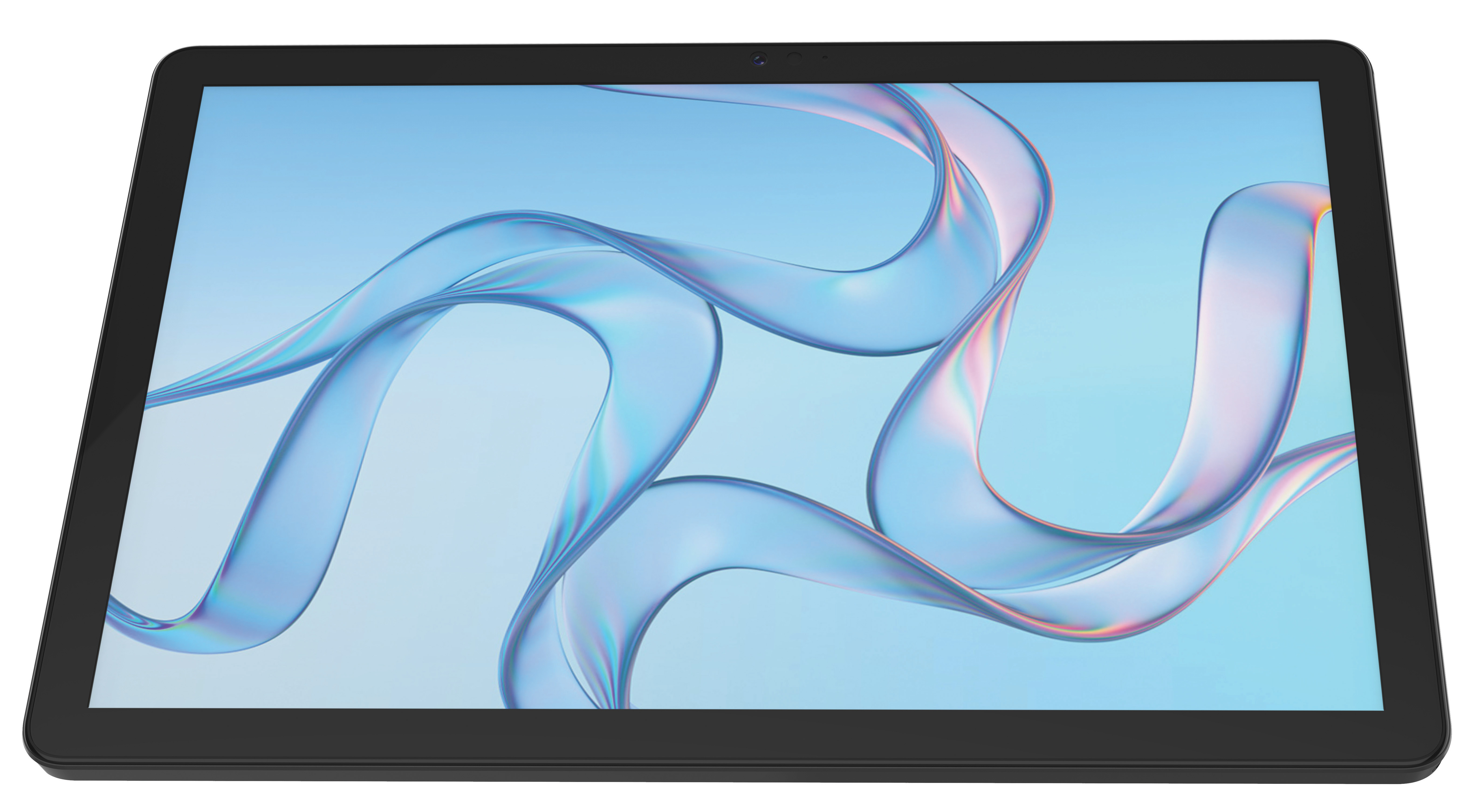 Czarny tablet z abstrakcyjnym, falującym, niebiesko-różowym wzorem na ekranie.