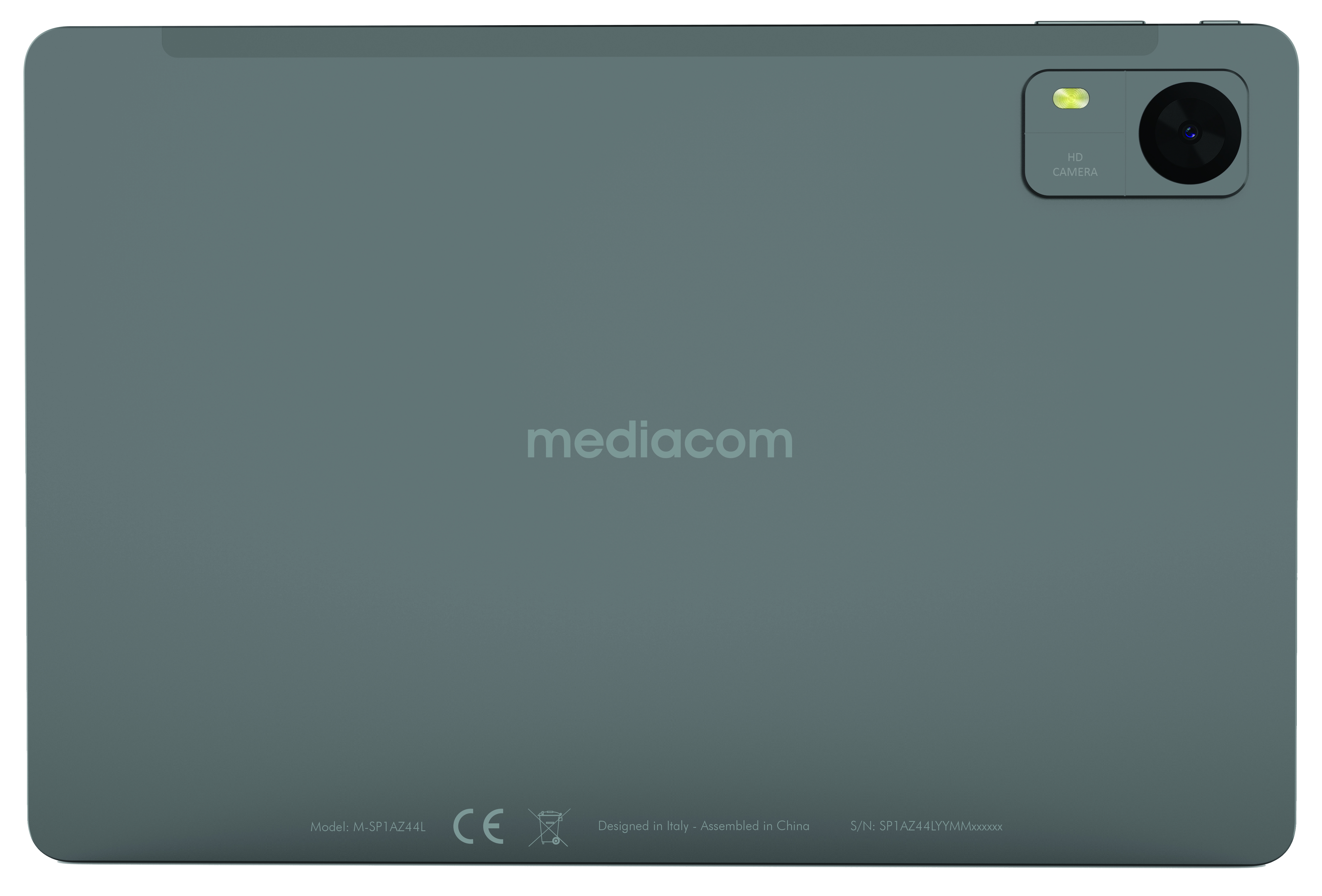 Tył szarego tabletu Mediacom z modułem kamery i detalami tekstowymi.