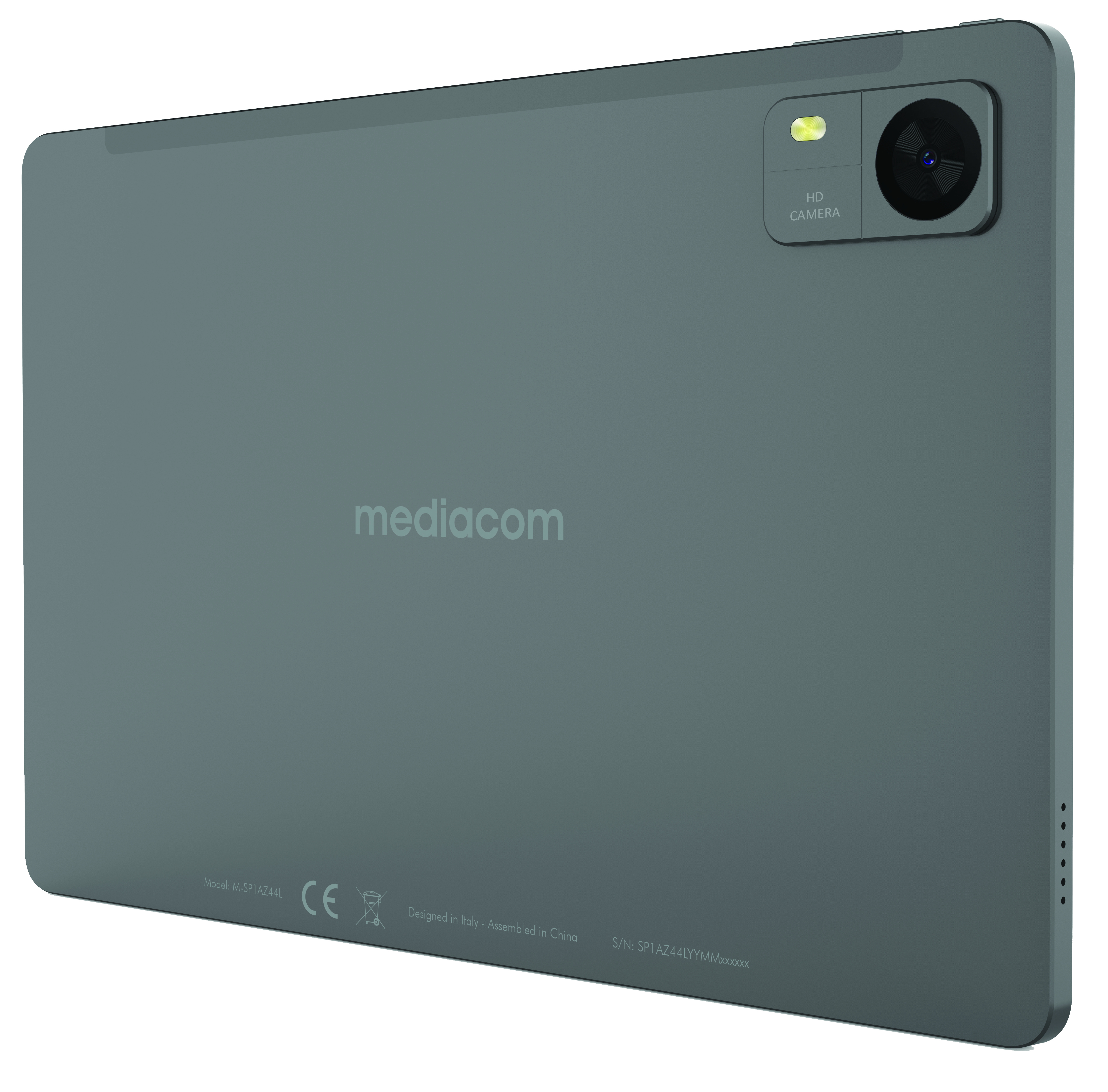 Szary tablet Mediacom z aparatem HD i lampą błyskową z tyłu.