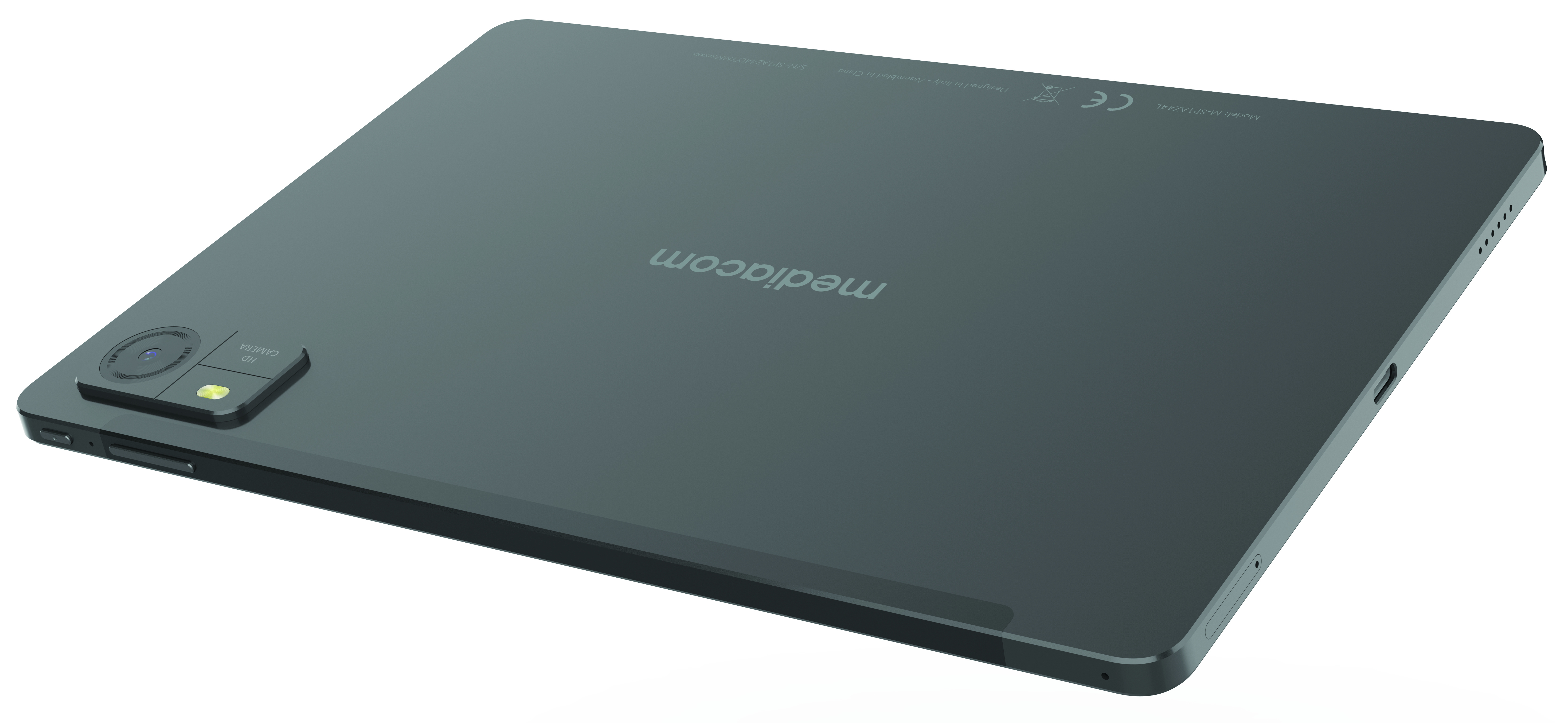 Ciemnoszare tablet z modułem kamery i logo Mediacom z tyłu.