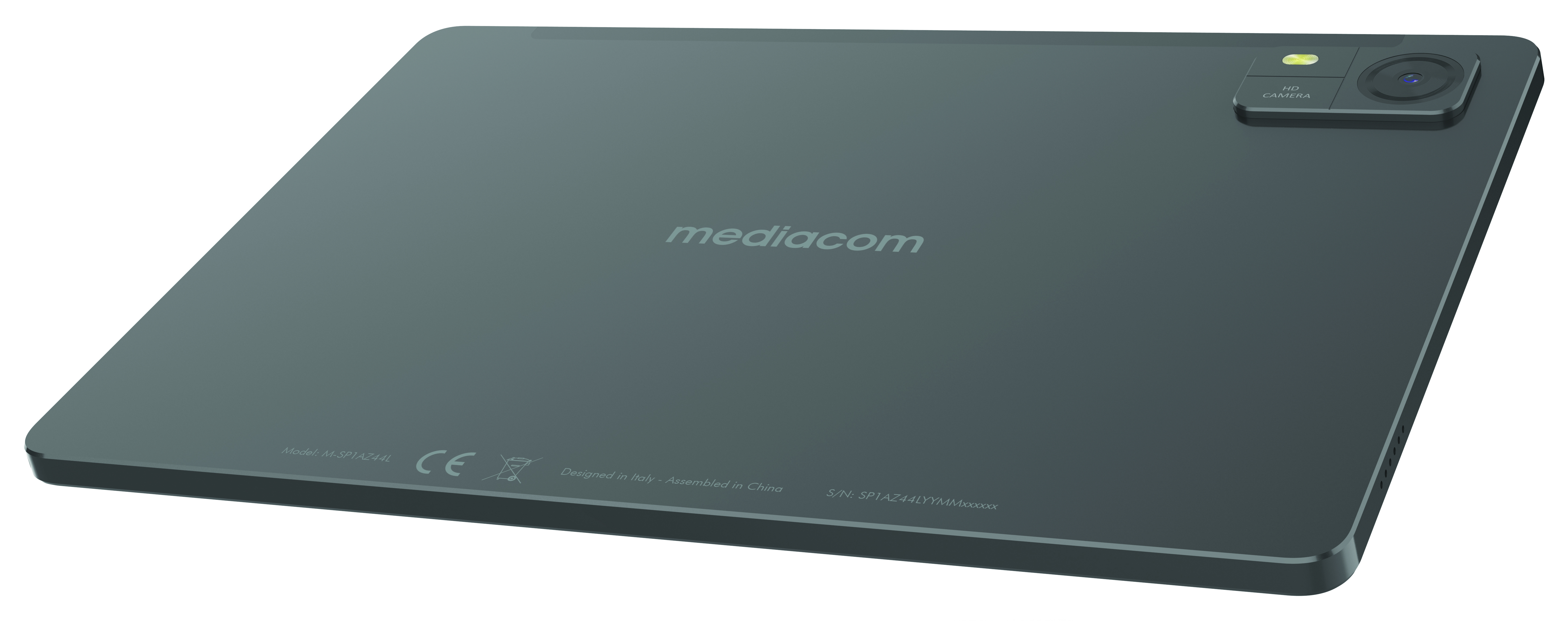 Tył szarego tabletu Mediacom z aparatem i oznaczeniami.