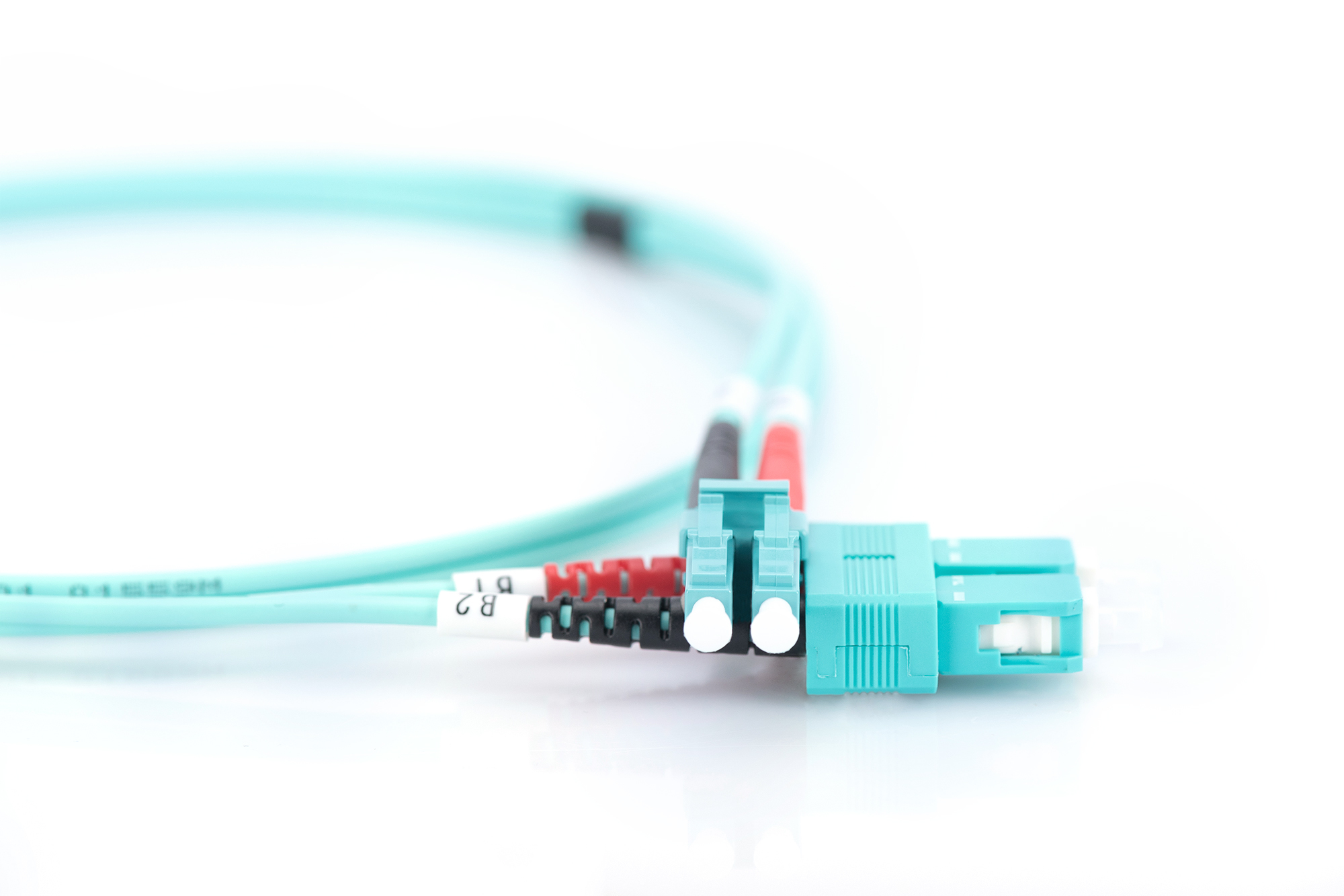 Primo piano di un cavo in fibra ottica turchese con connettori LC su sfondo bianco.