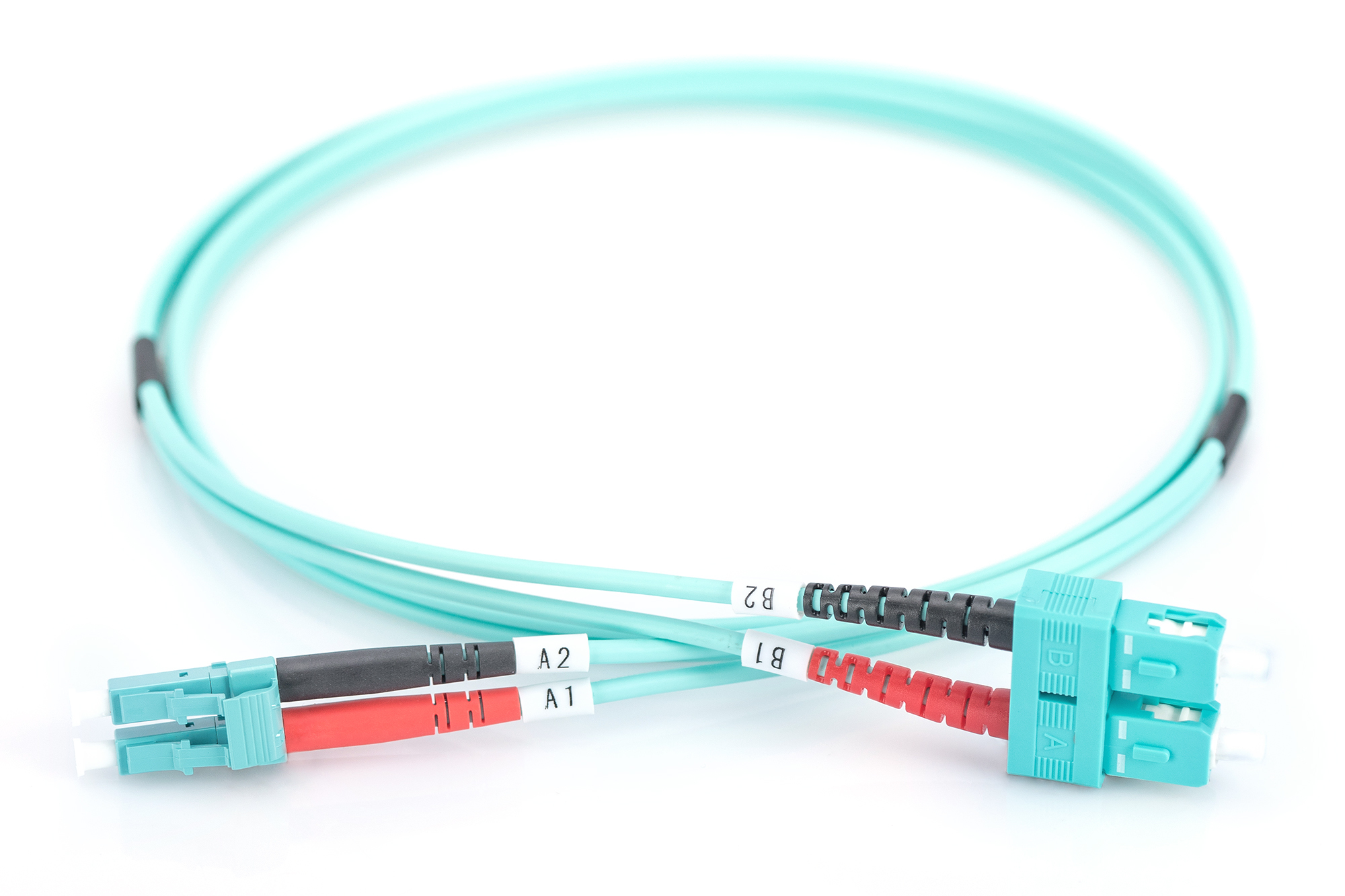 Un cavo patch in fibra ottica turchese con connettori blu e cavi rossi/neri.
