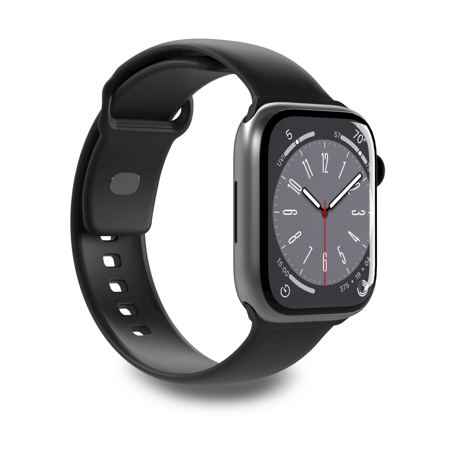 Czarny Apple Watch z szarą tarczą zegarka pokazującą godzinę i pogodę.