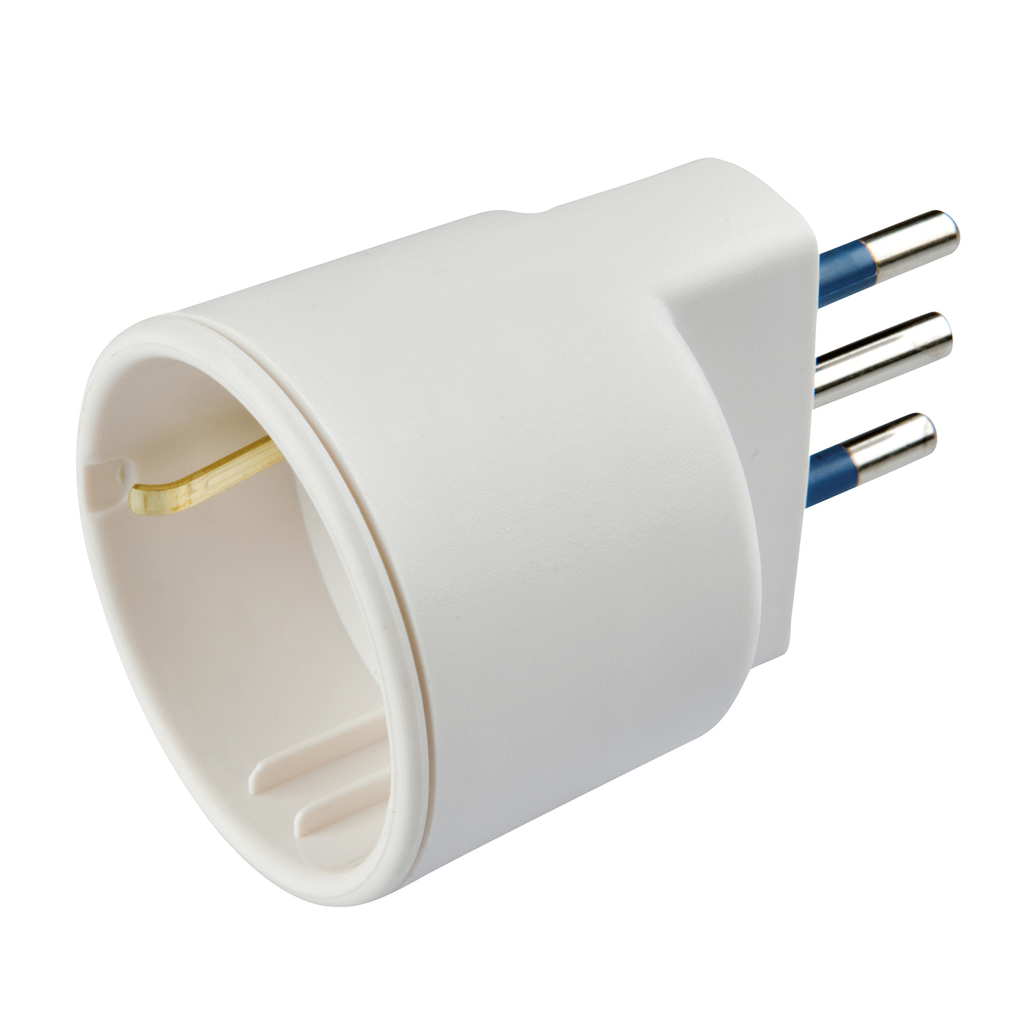 Weißer Adapter mit drei silbernen Stiften, blauen Akzenten und einer Sockelöffnung.