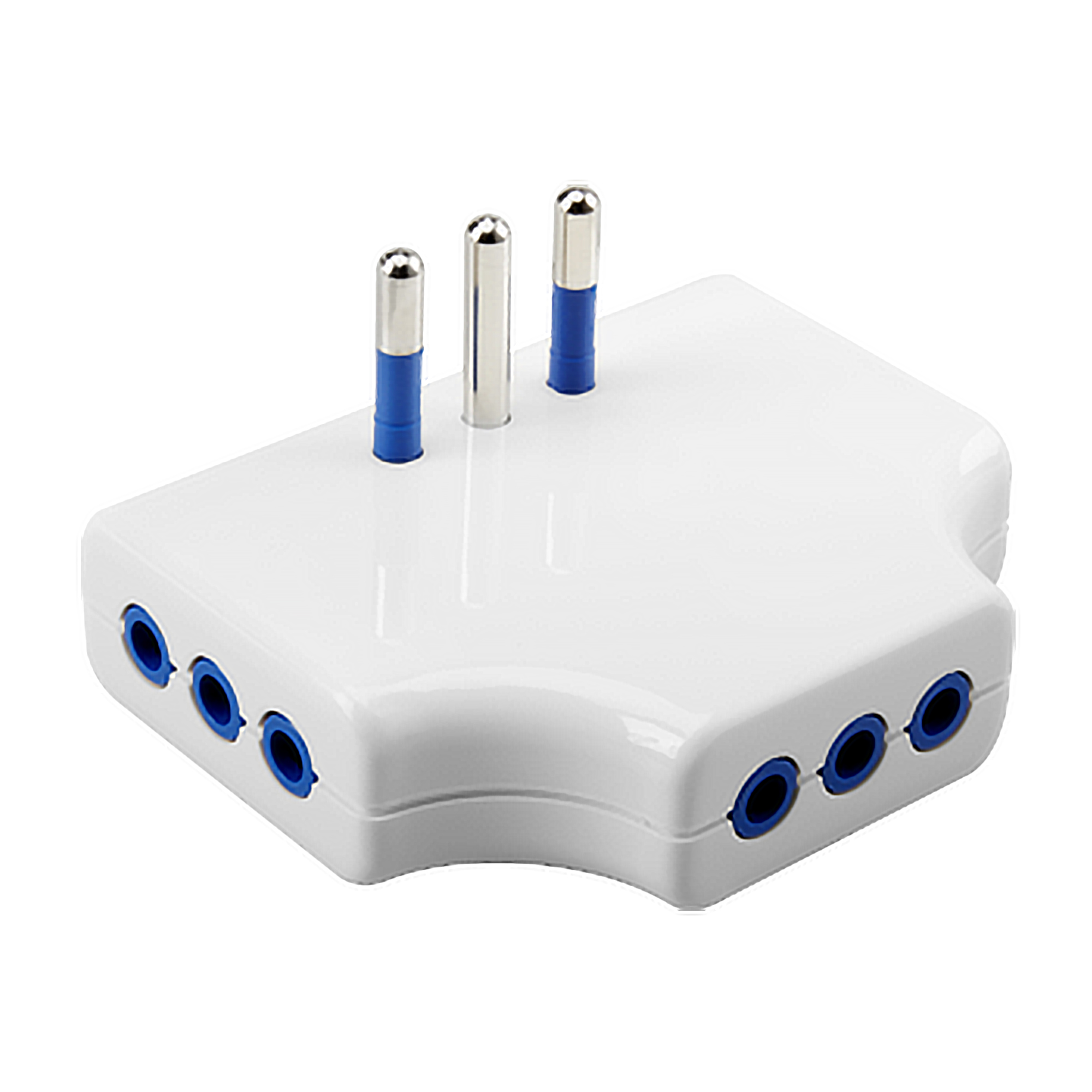 Weißer T-förmiger Netzadapter mit drei silbernen Stiften und mehreren blau umrandeten Buchsen.