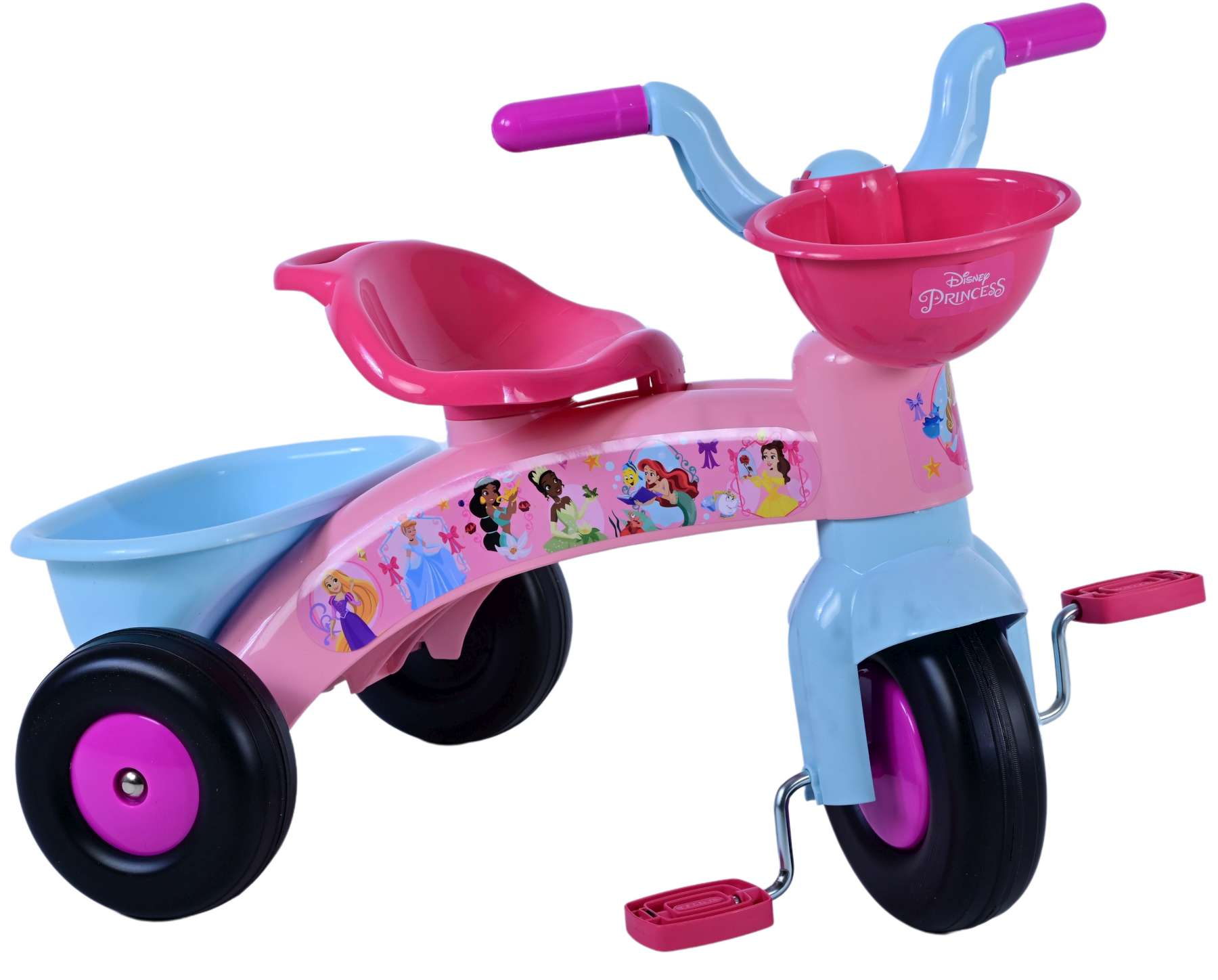 Dreirad für Mädchen mit Prinzessinnen-Motiv, pink und blau.