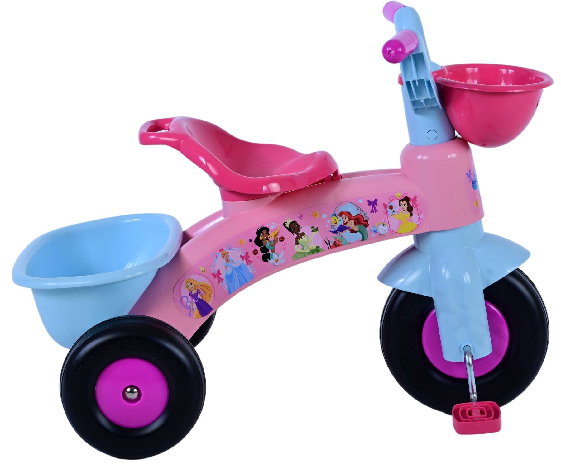 Rosa und blaues Disney Prinzessinnen Dreirad mit Körben und schwarzen Rädern.