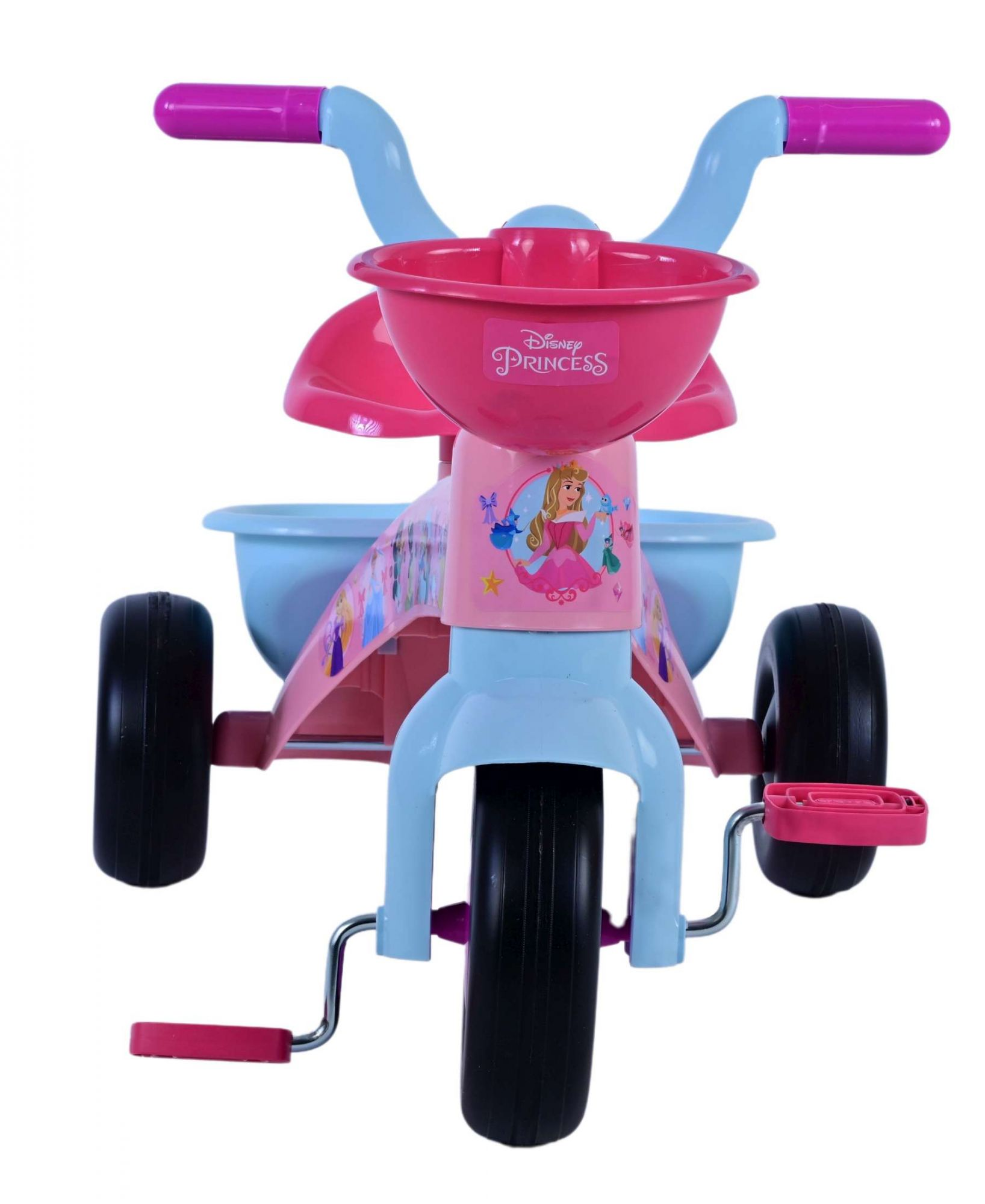 Ein pink-blaues Disney Princess Dreirad mit drei Rädern und einem Korb.