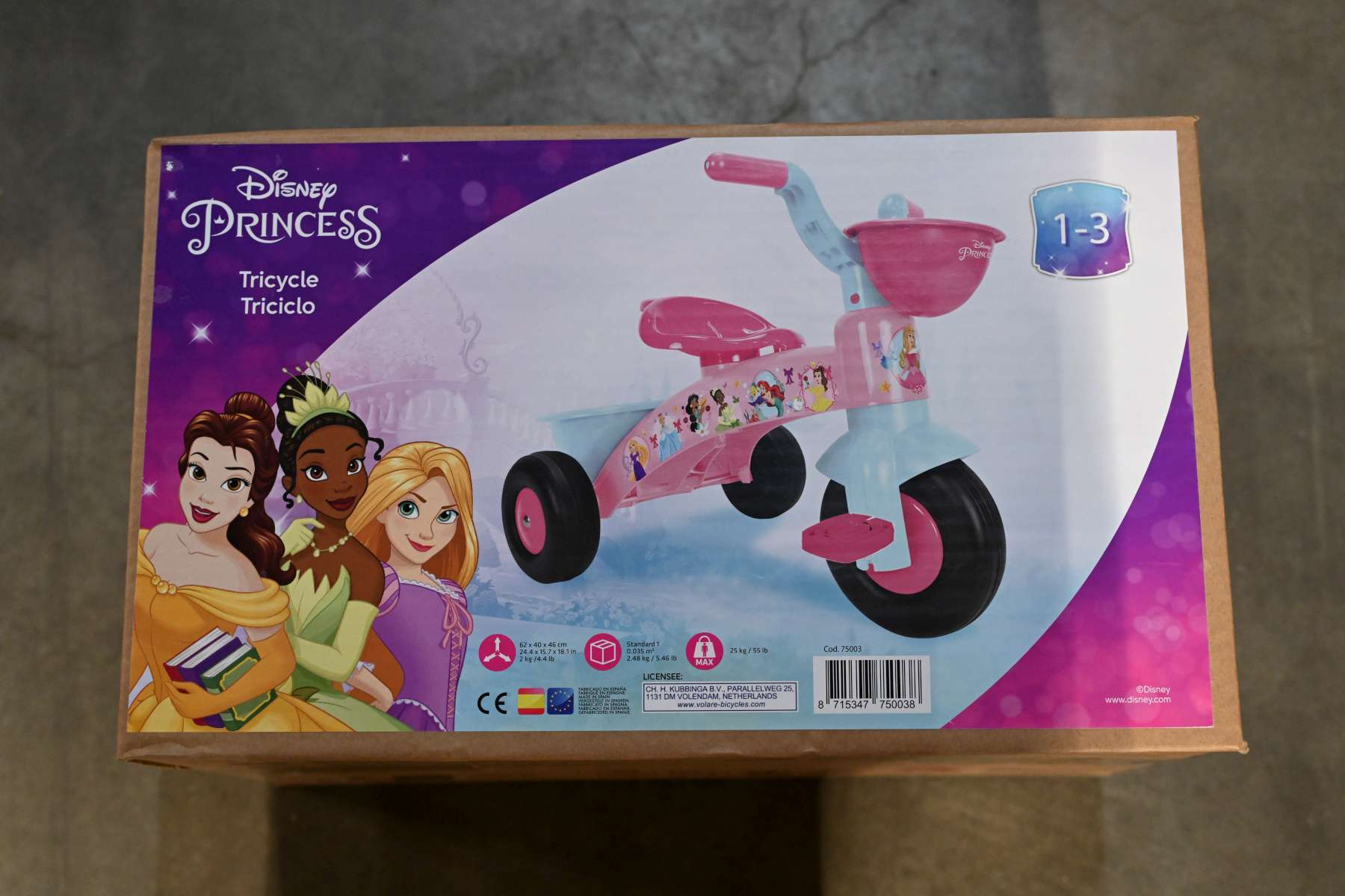 Disney Prinzessinnen Dreirad mit Belle, Tiana und Rapunzel. Rosa und hellblau.