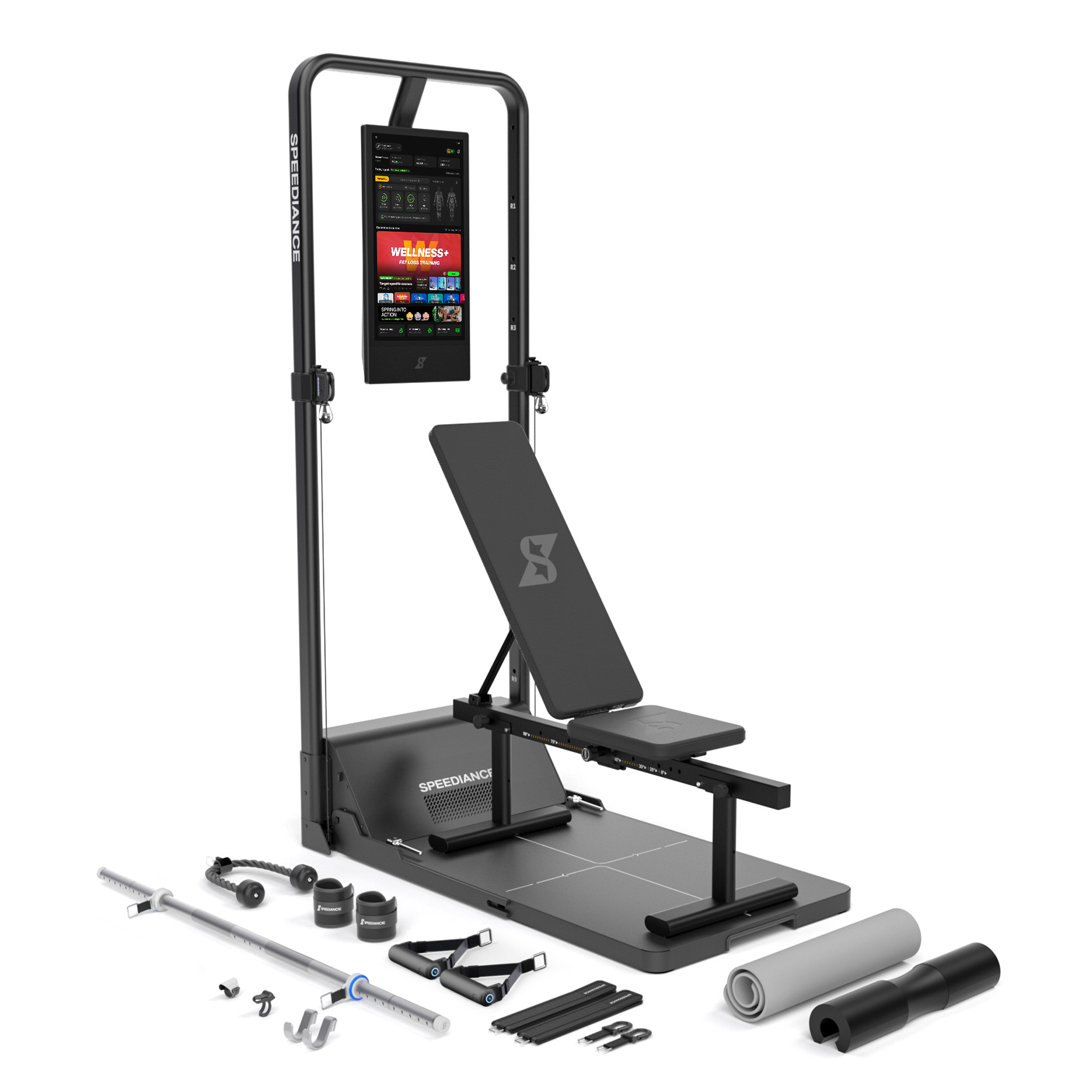 Schwarze Fitnessstation mit Bildschirm, verstellbarer Bank, Hantel, Gewichten und Matten.