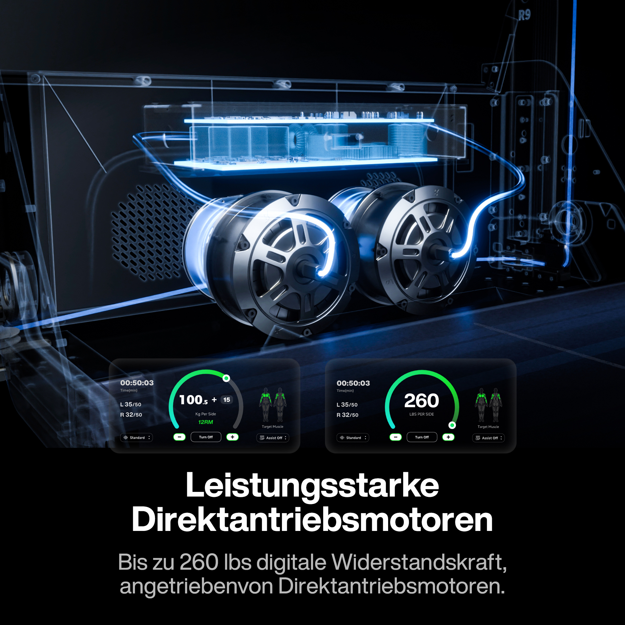 Zwei Direktantriebsmotoren mit digitalen Anzeigen für Widerstandsstufen und Trainingsstatistiken.
